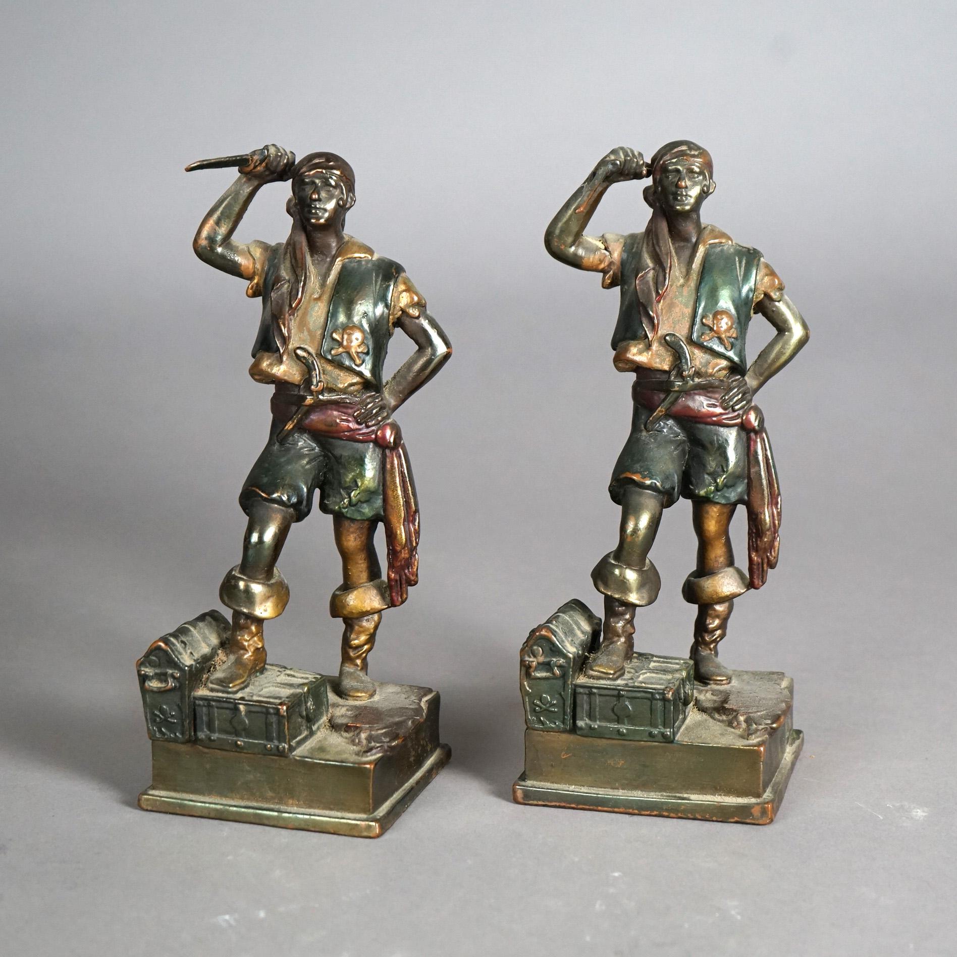 20th Century Antique SetFrankart School Pompéian Polychrome Cast Bronze Pirate Bookends c1920