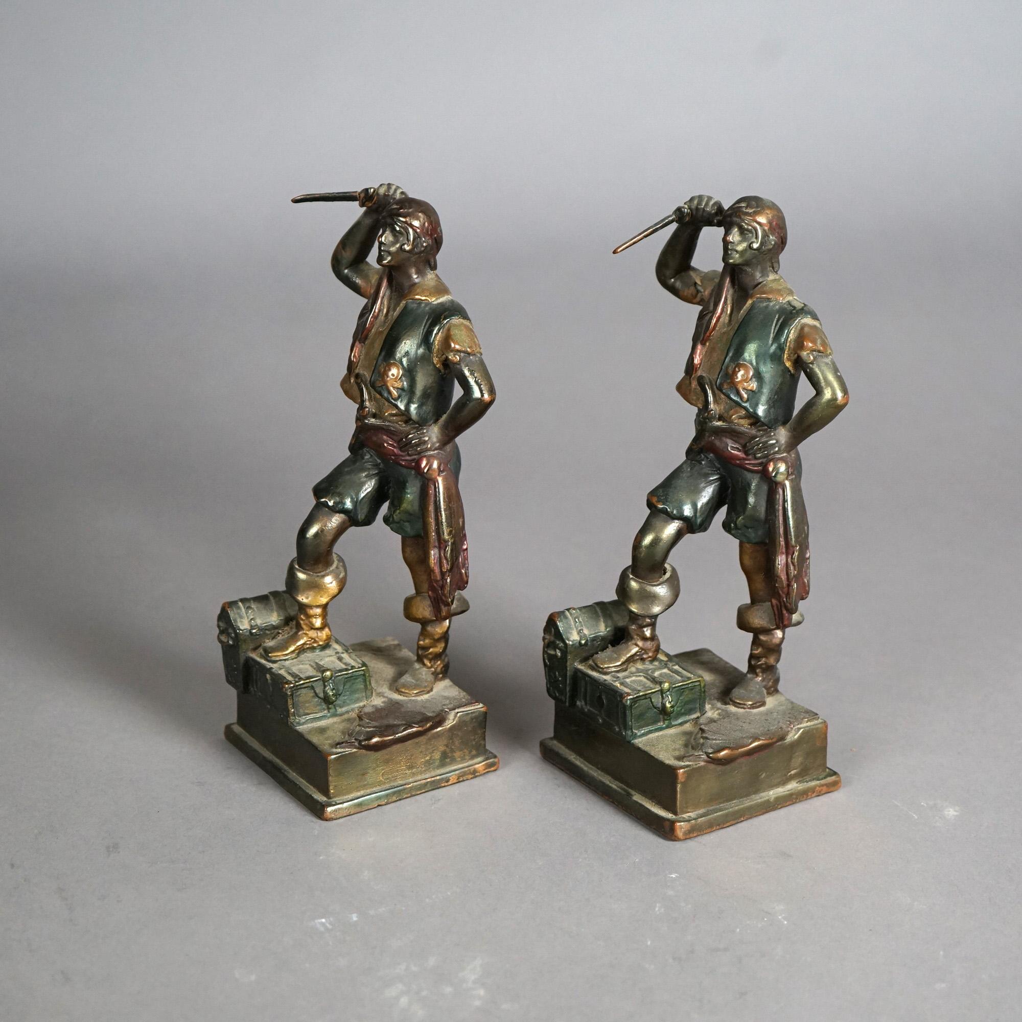 Antique SetFrankart School Pompéian Polychrome Cast Bronze Pirate Bookends c1920 1