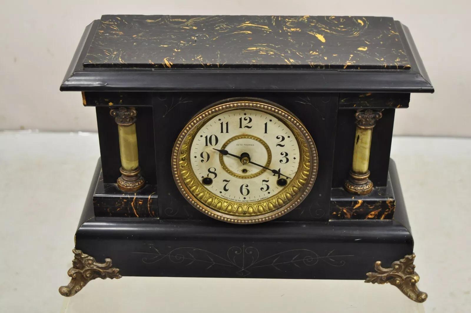 Antique Seth Thomas Adamantine Victorian Faux Marble Shelf Mantel Clock. Circa Late 19th Century. Measurements: 11