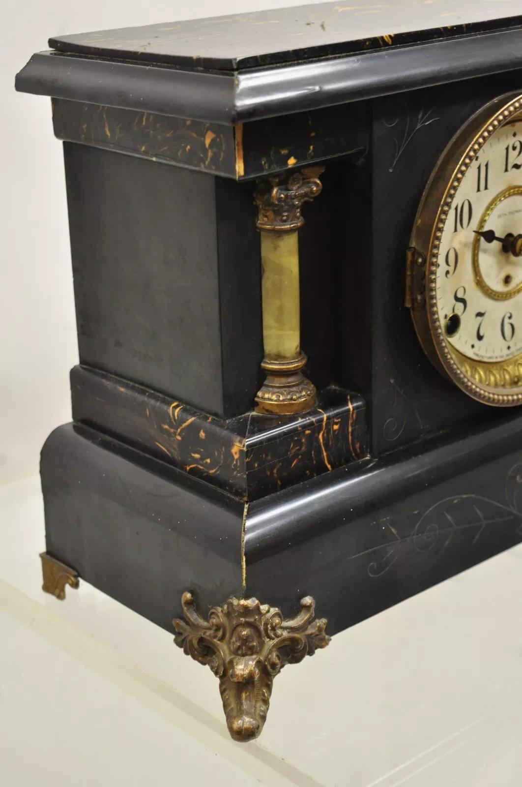 19th Century Antique Seth Thomas Adamantine Victorian Faux Marble Shelf Mantel Clock For Sale