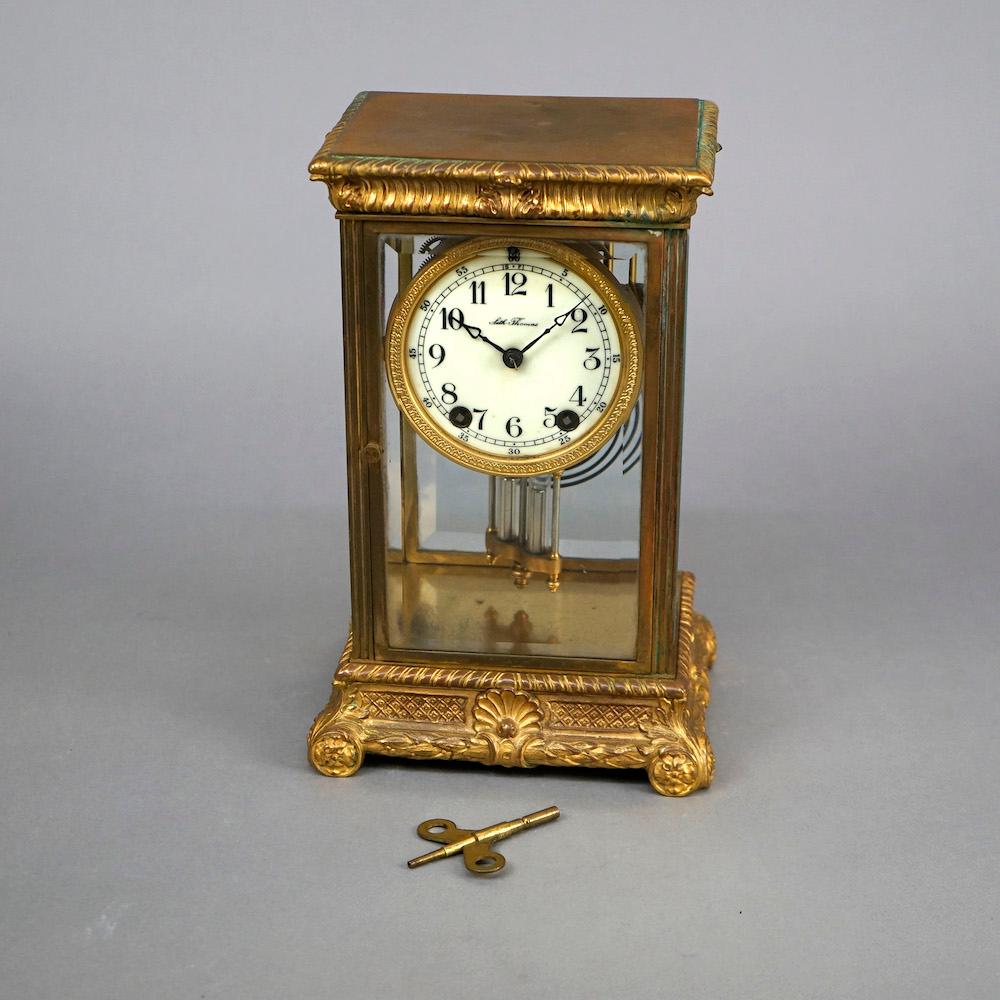 American Antique Seth Thomas Gilt Bronzed Metal Crystal Regulator Mantle Clock Circa 1890