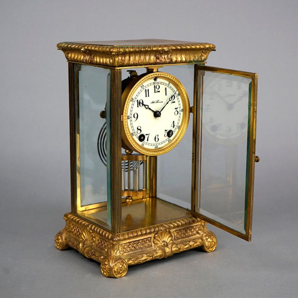 Antique Seth Thomas Gilt Bronzed Metal Crystal Regulator Mantle Clock Circa 1890 In Good Condition In Big Flats, NY