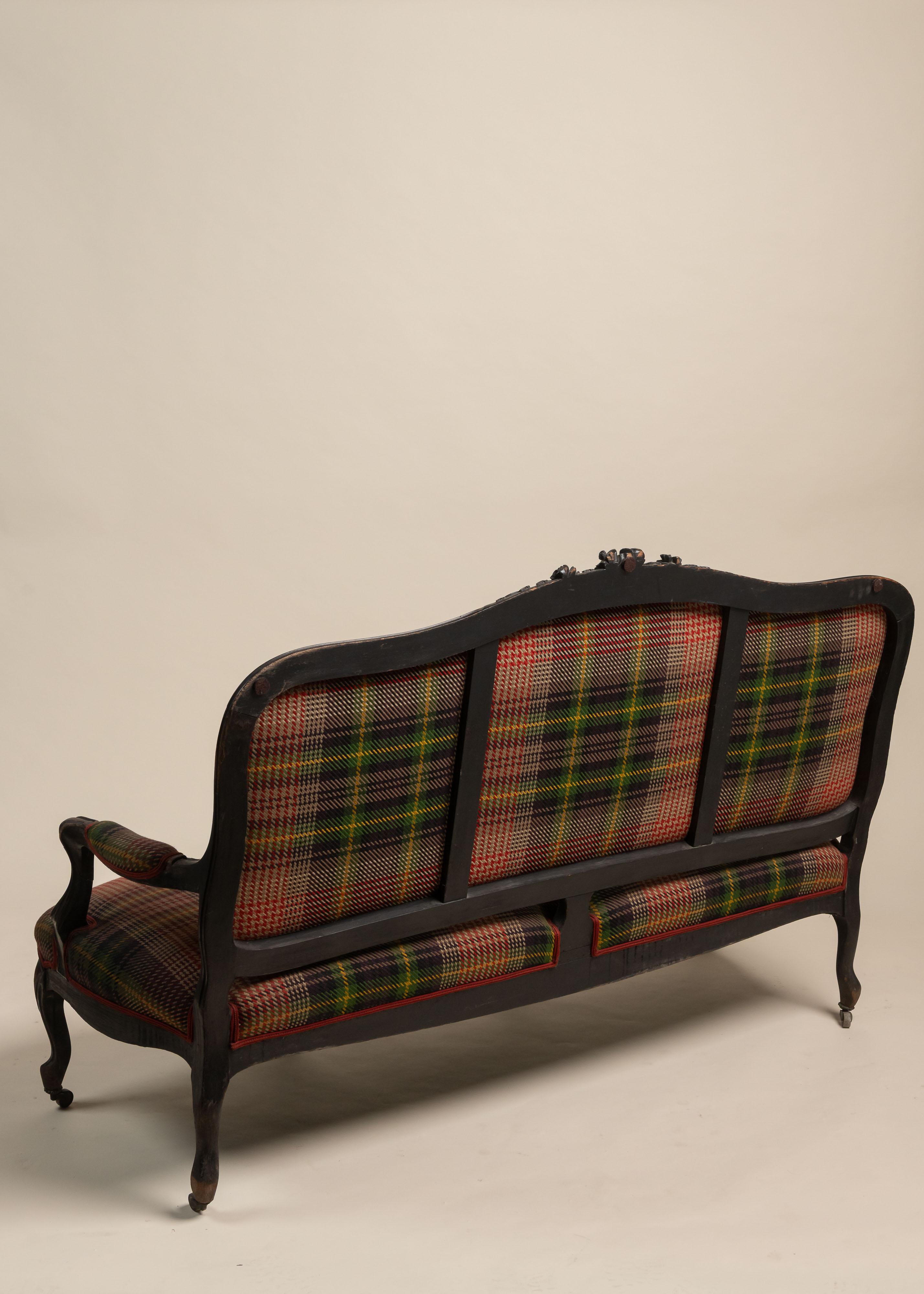 Art Nouveau Antique Settee of Ebonized Wood Frame and New Upholstery, France, 1900 For Sale