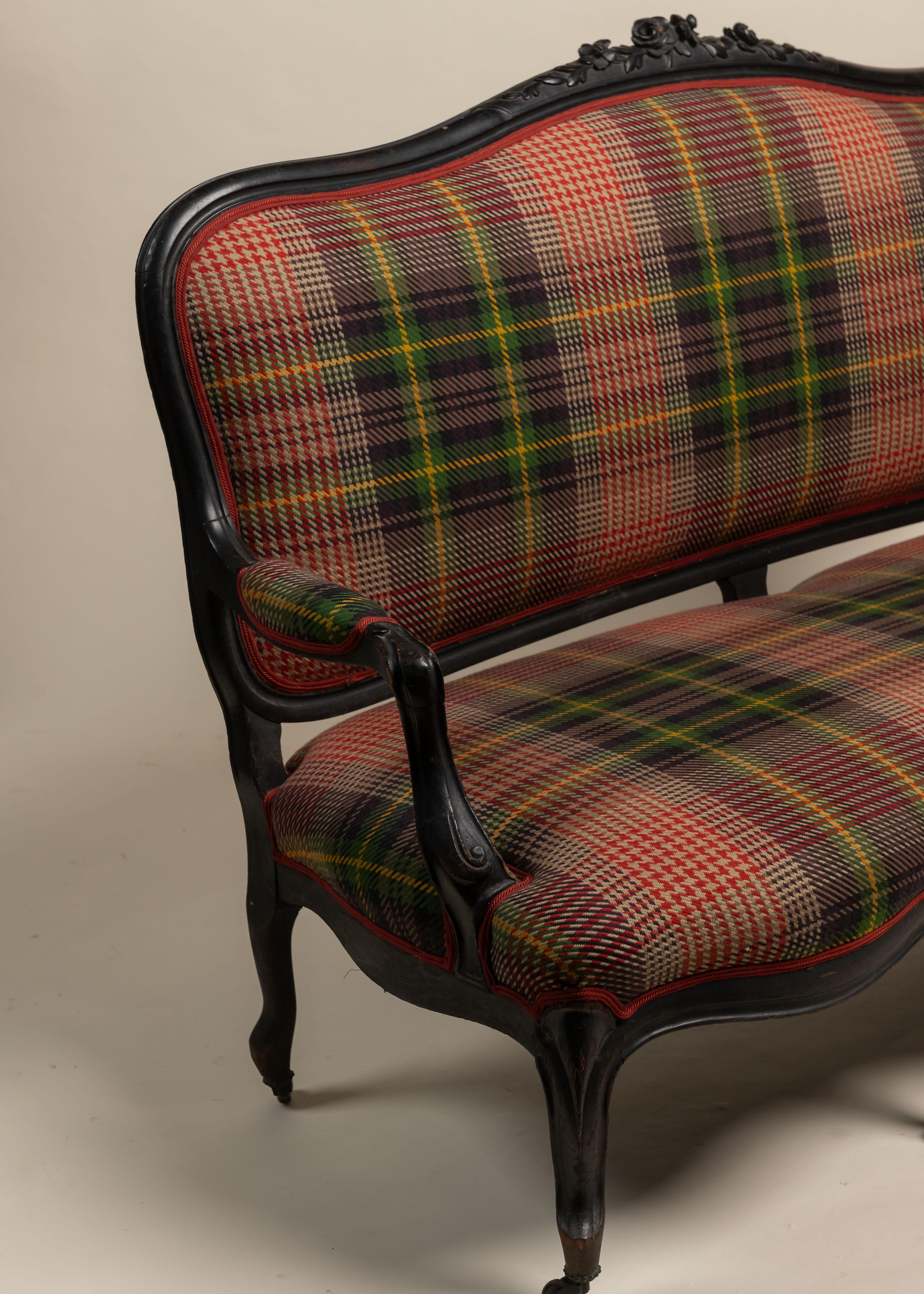 French Antique Settee of Ebonized Wood Frame and New Upholstery, France, 1900 For Sale