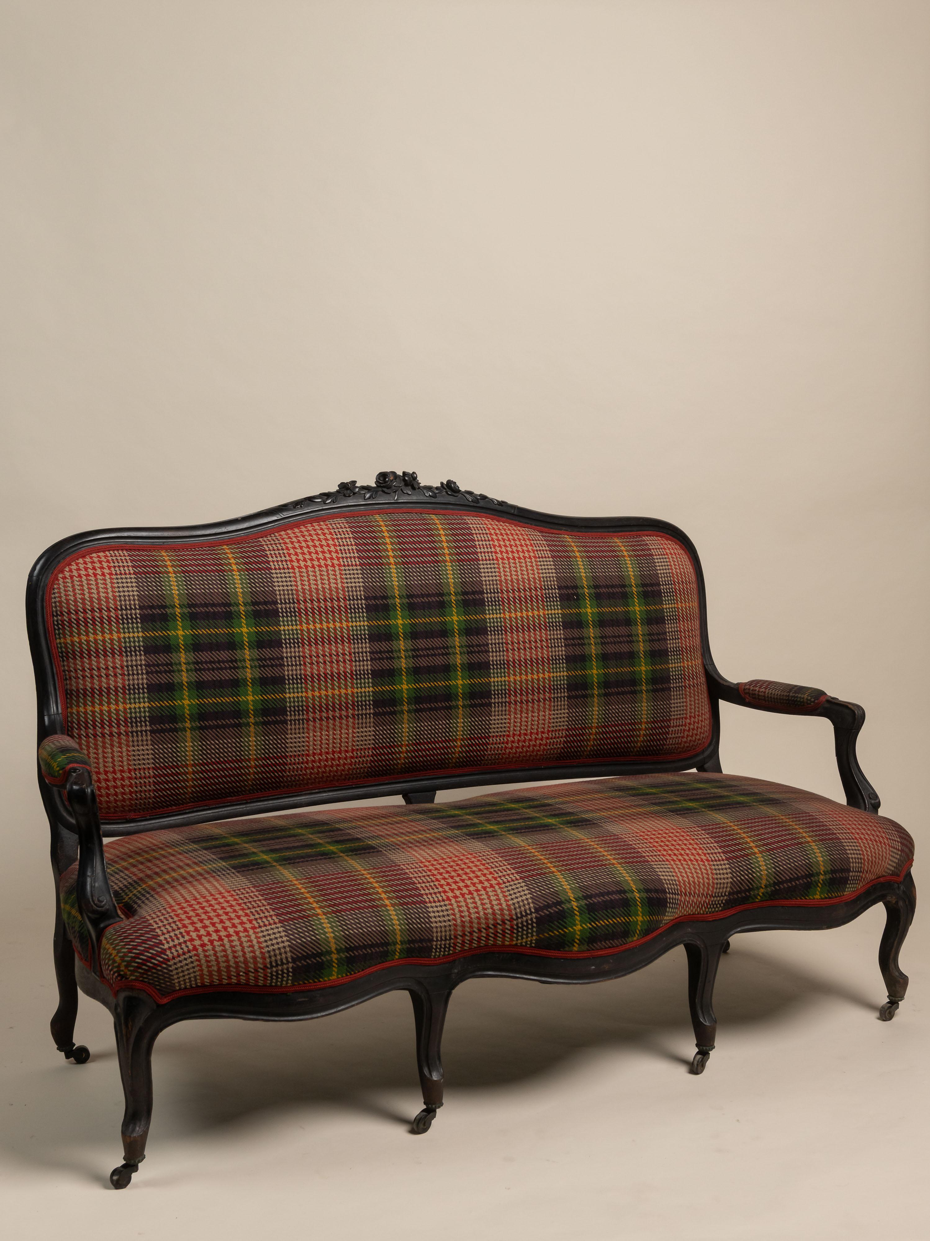 Antique Settee of Ebonized Wood Frame and New Upholstery, France, 1900 In Good Condition For Sale In San Francisco, CA