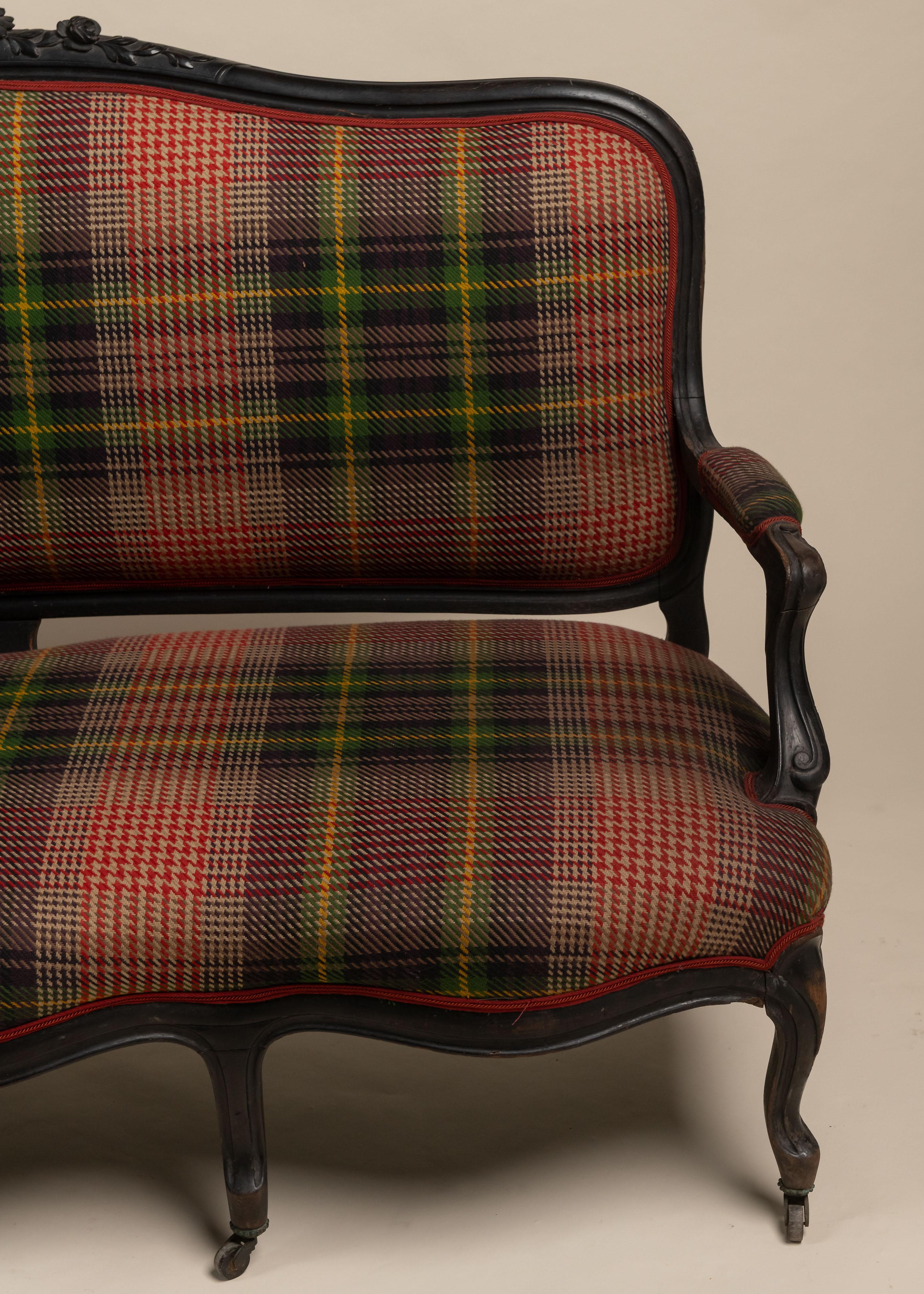 Early 20th Century Antique Settee of Ebonized Wood Frame and New Upholstery, France, 1900 For Sale