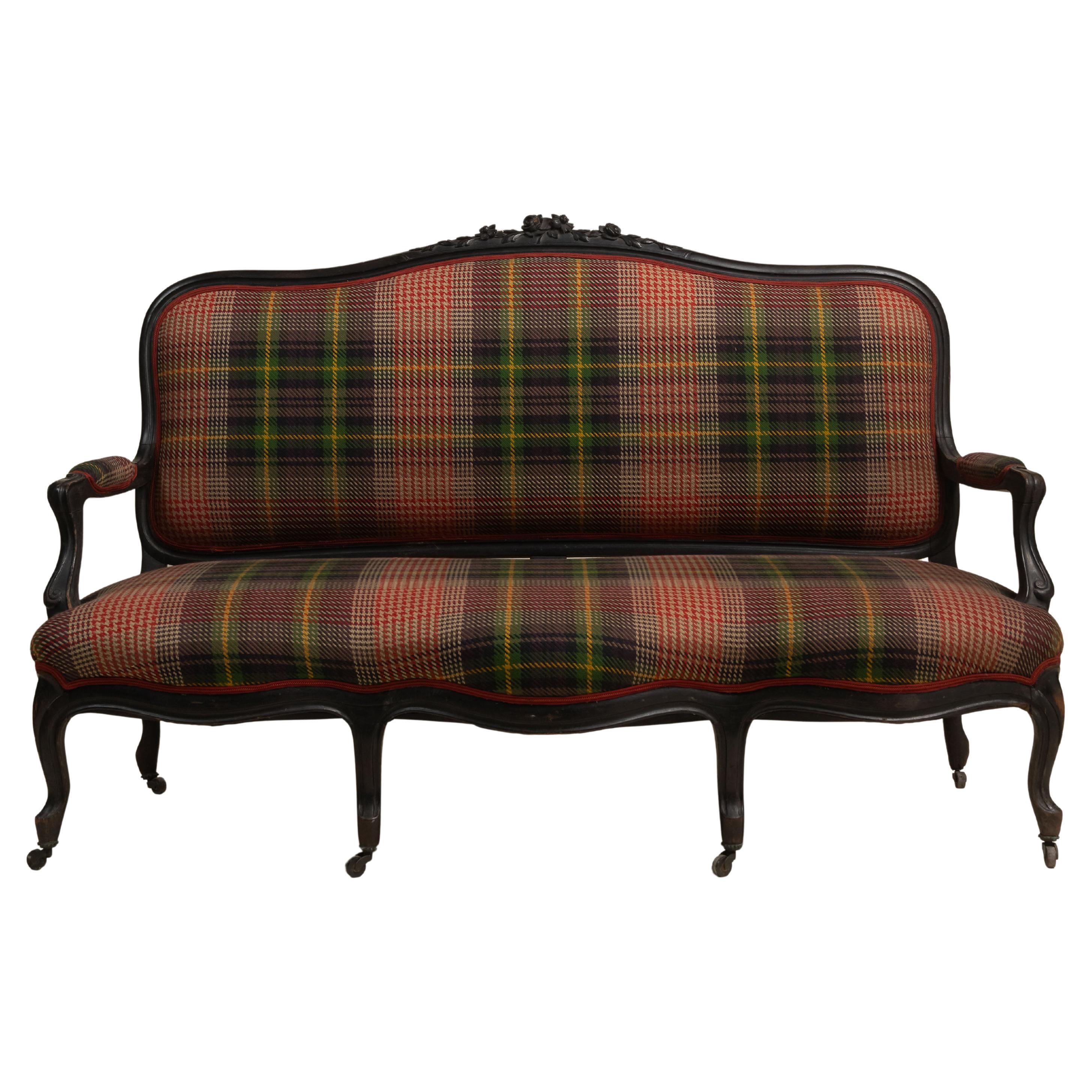 Antique Settee of Ebonized Wood Frame and New Upholstery, France, 1900