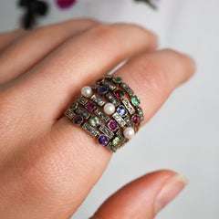 Antique Seven Row Multi-Gemstone Harem Ring In 18 Carat Gold, Circa 1910