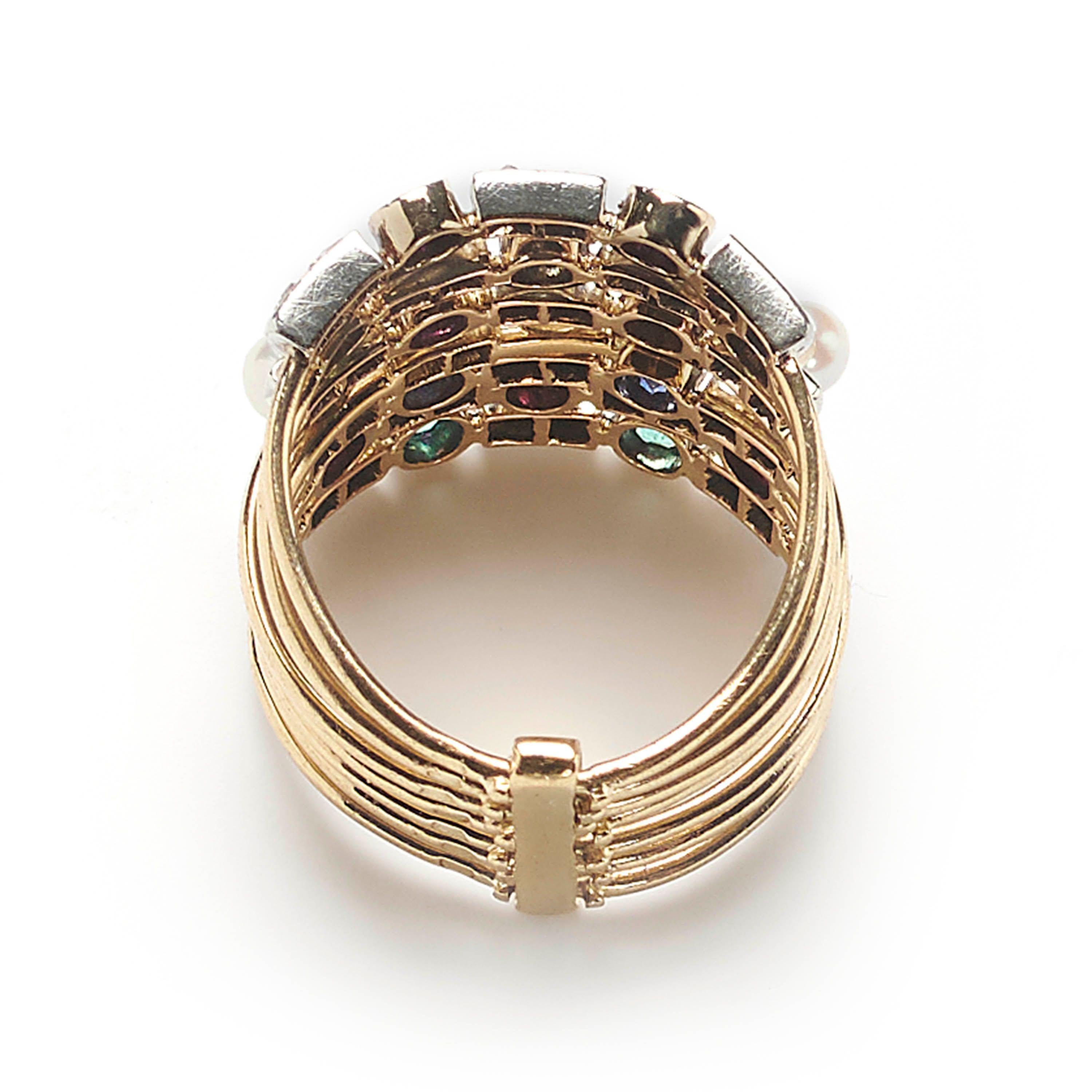 Round Cut Antique Seven Row Multi-Gemstone Harem Ring In 18 Karat Gold, Circa 1910 For Sale