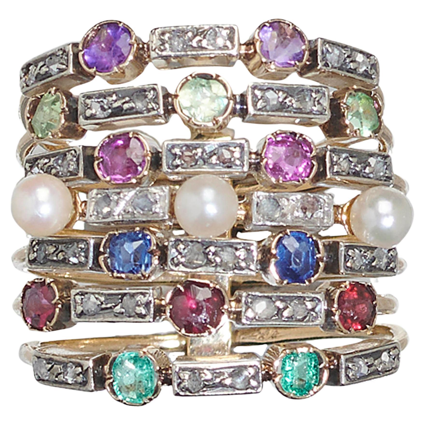 Antique Seven Row Multi-Gemstone Harem Ring In 18 Karat Gold, Circa 1910 For Sale