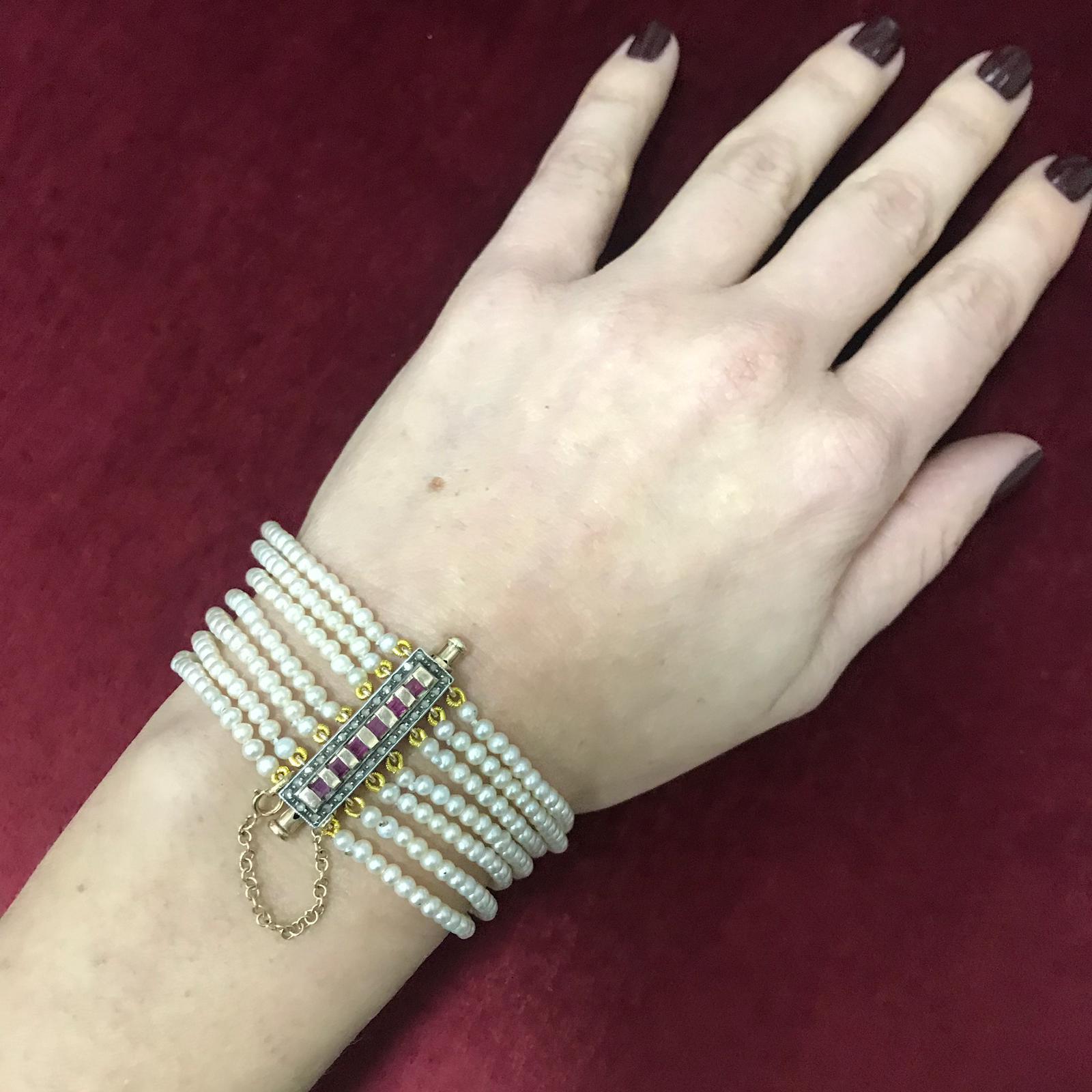 Antique Seven Strand Pearl Ruby Diamond Gold Bracelet In Excellent Condition In Napoli, Italy