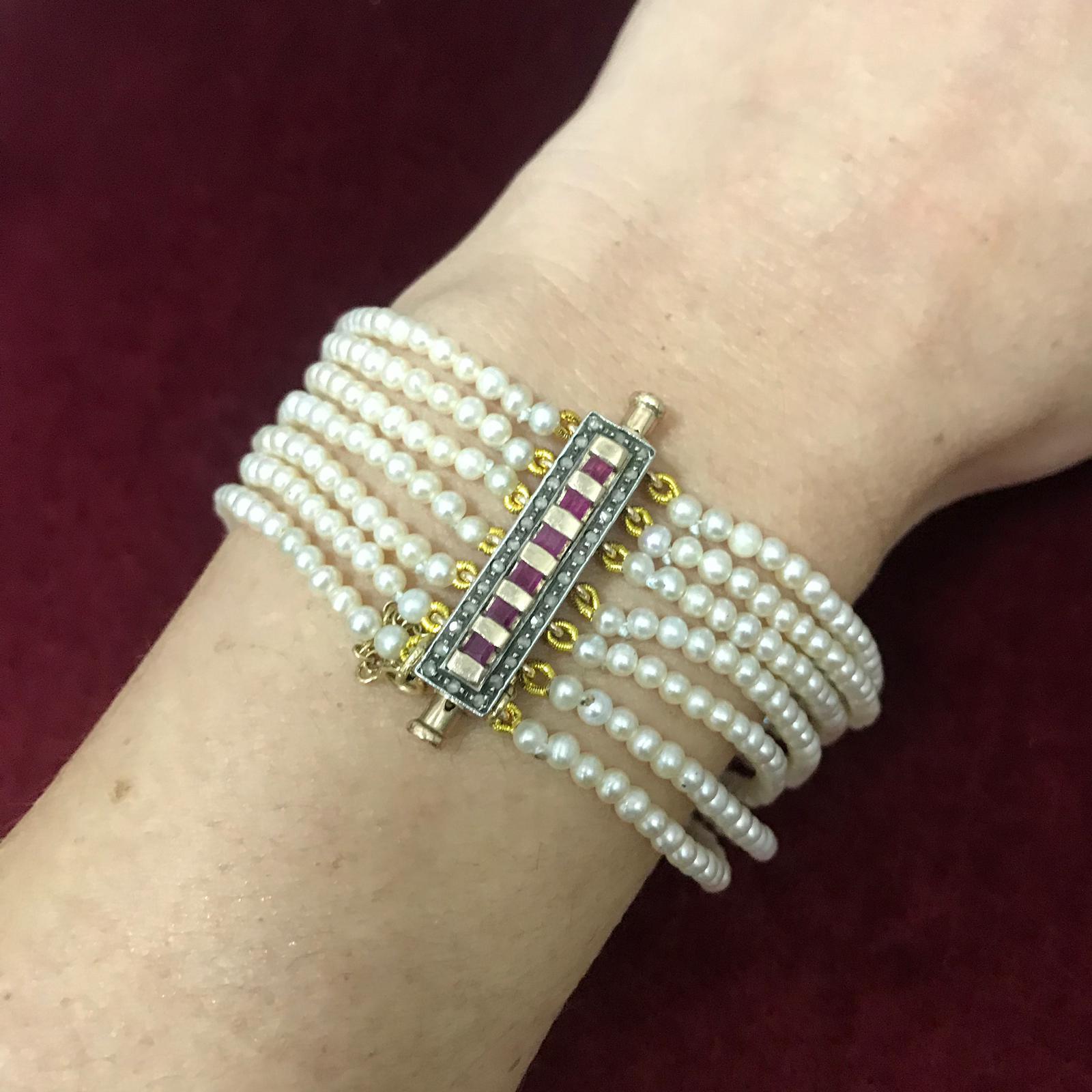 Women's Antique Seven Strand Pearl Ruby Diamond Gold Bracelet