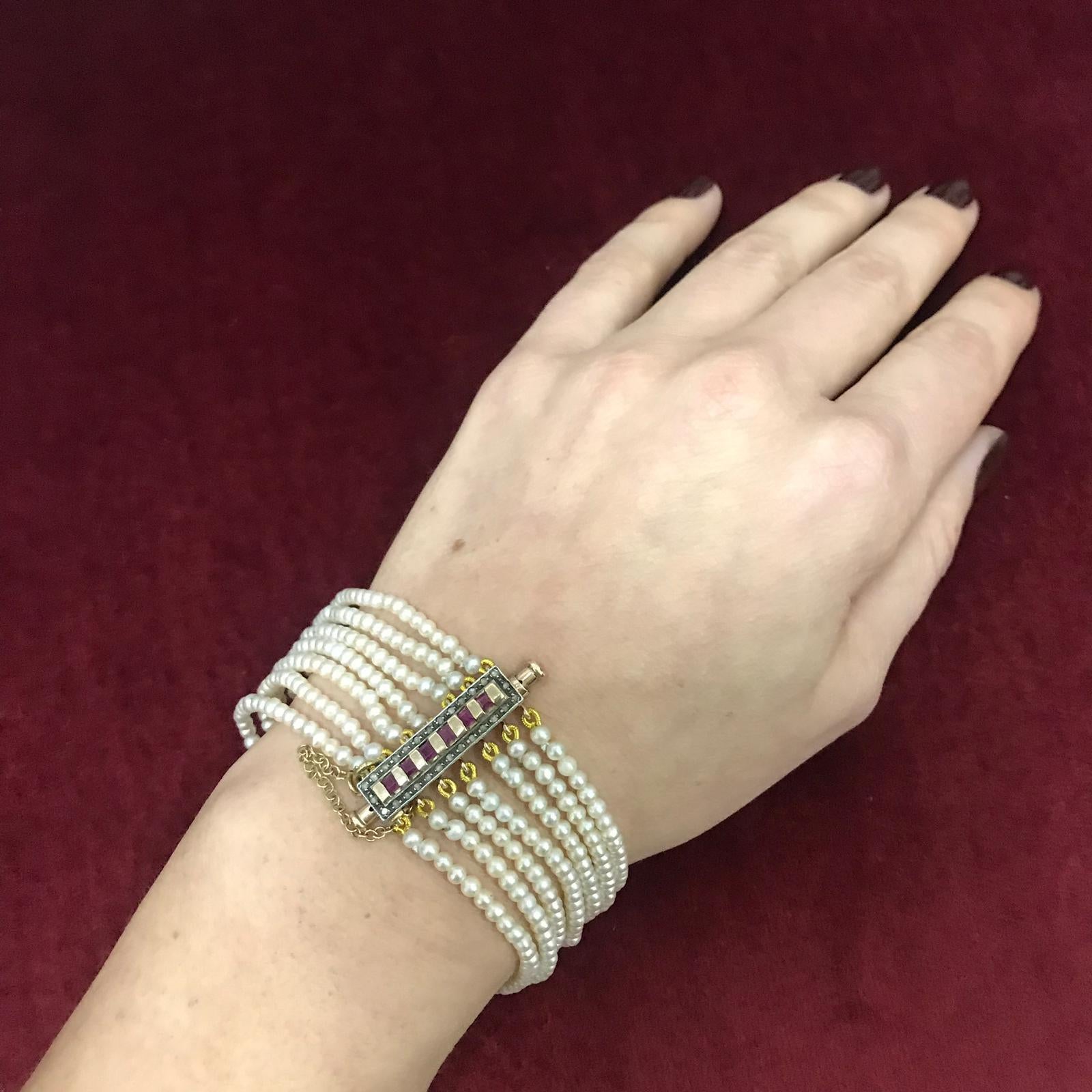 Antique Seven Strand Pearl Ruby Diamond Gold Bracelet 3