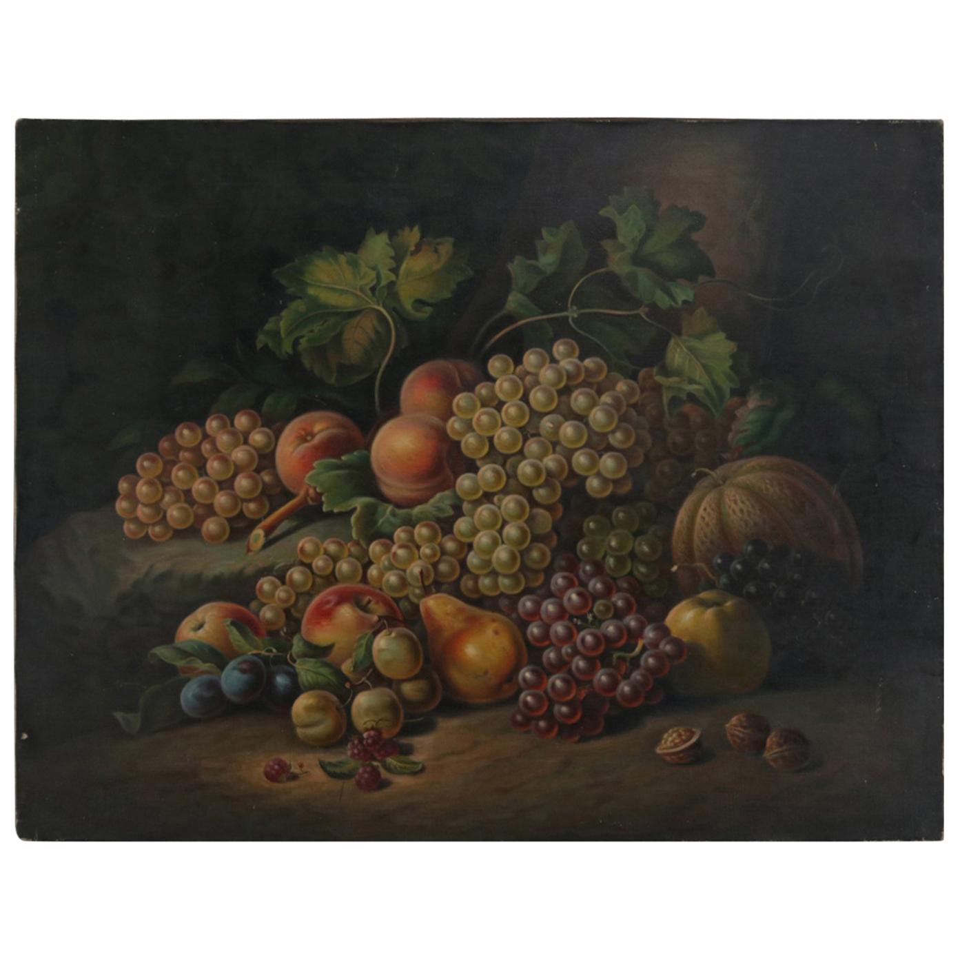Antique Severin Roesen School Oil on Canvas Fruit Still Life Painting