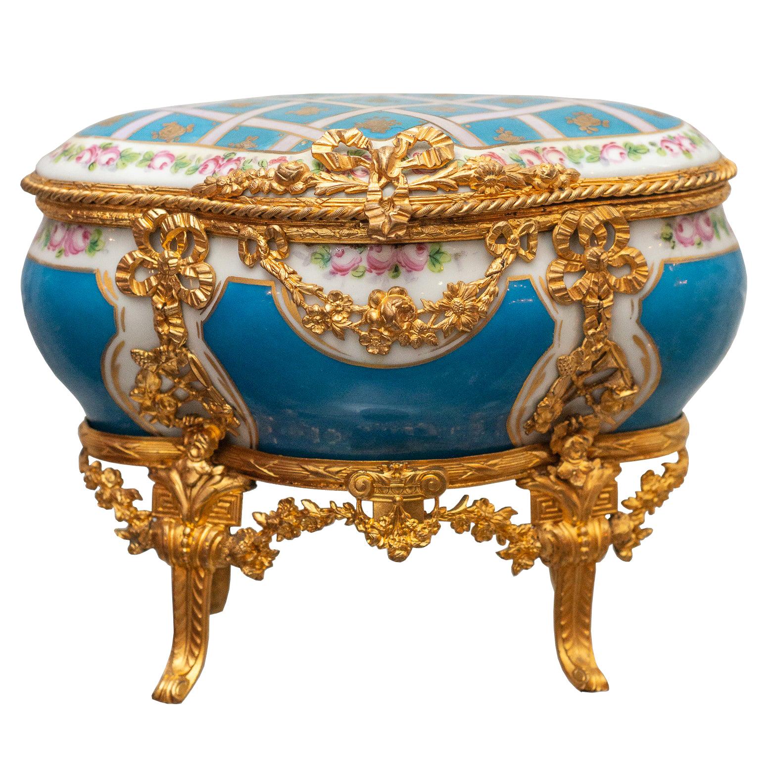 Antique Sévres Bleu Celeste Porcelain Jewelry Casket with Gold Ormolu Details For Sale
