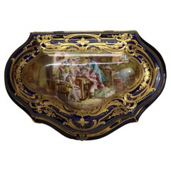 Antique Sevres Gilt & Royal Blue Genre Scene Porcelain Dresser Box C1880