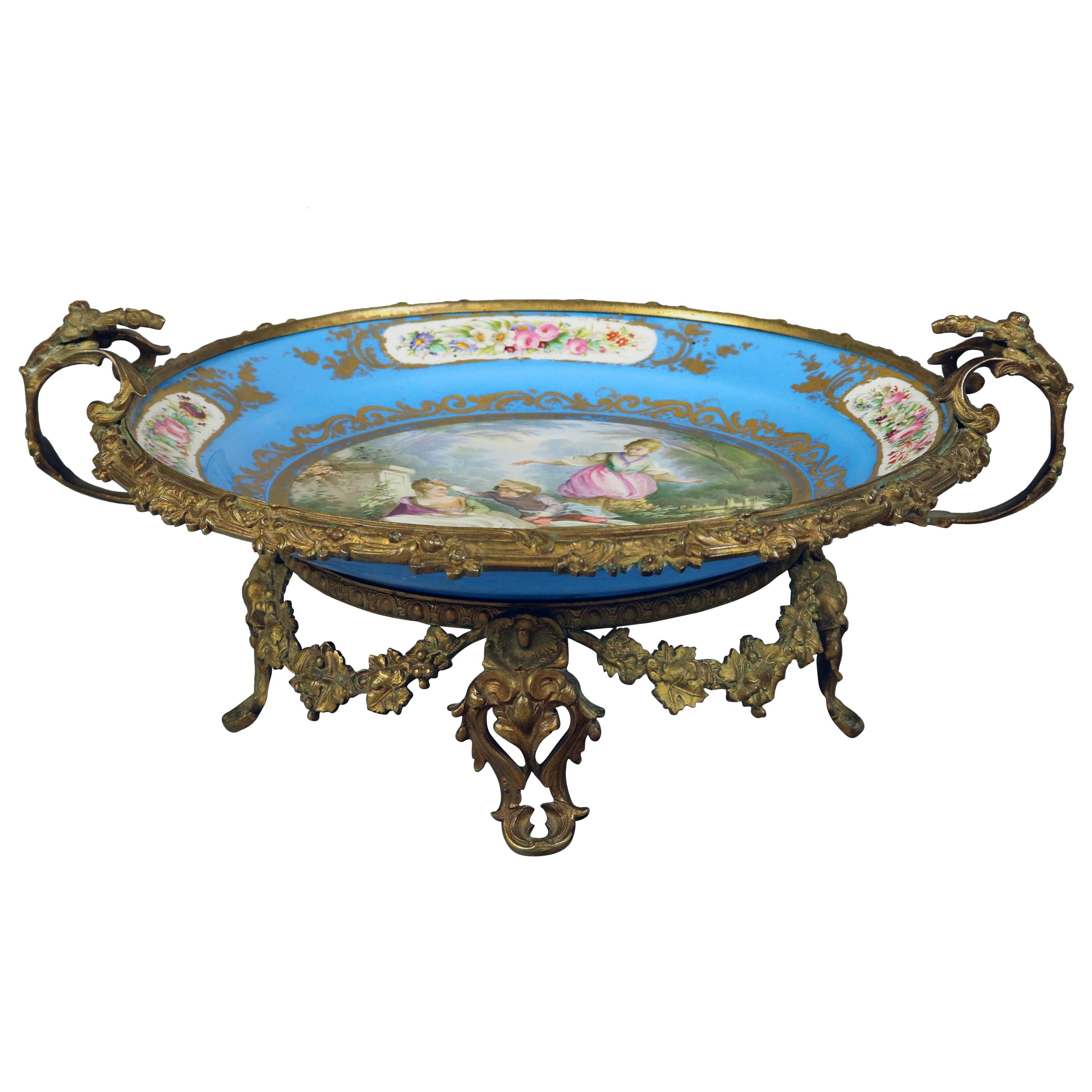 Antique Sevres Hand Painted and Gilt Pictorial Porcelain and Ormolu Charger