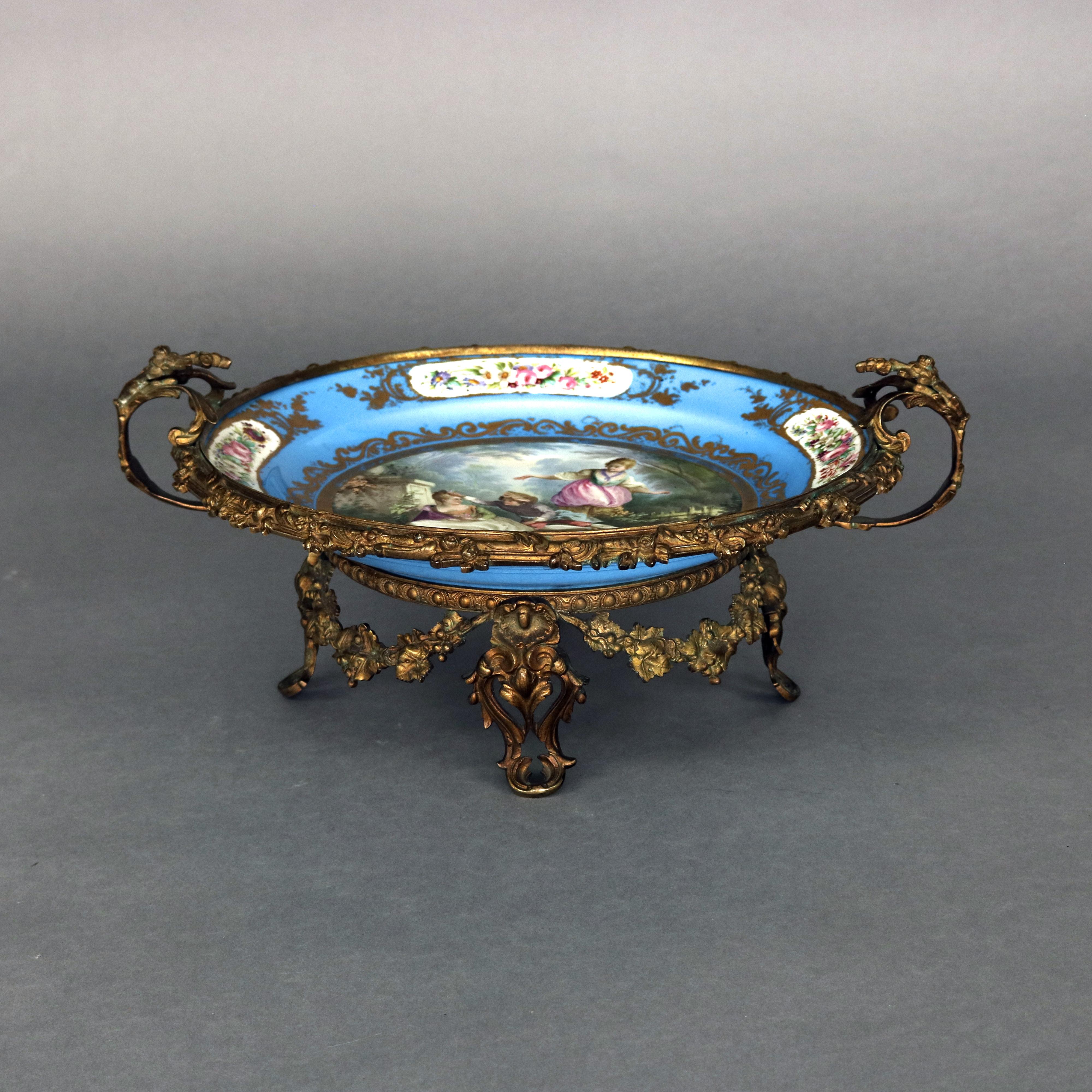 French Antique Sevres Hand Painted and Gilt Pictorial Porcelain and Ormolu Charger