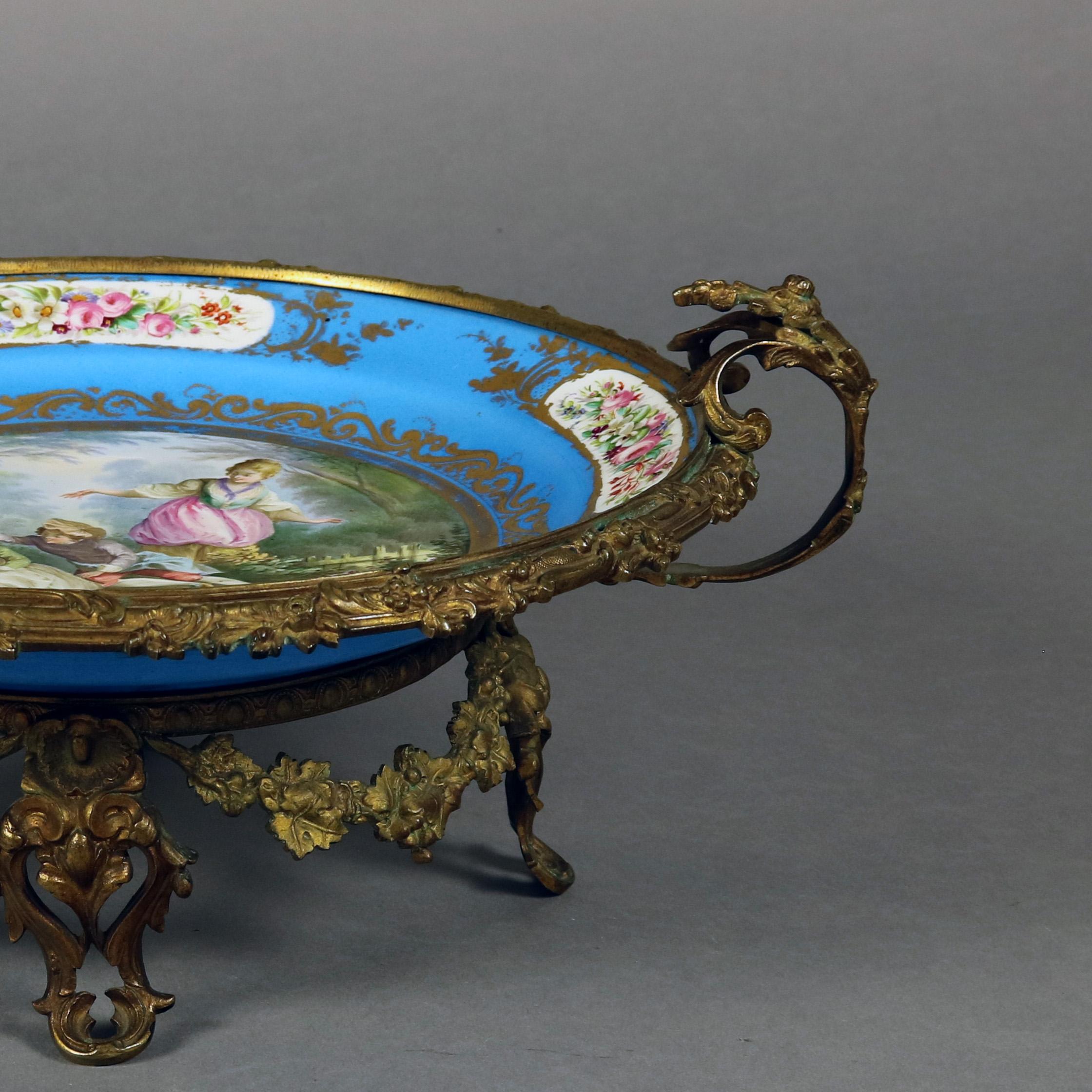 19th Century Antique Sevres Hand Painted and Gilt Pictorial Porcelain and Ormolu Charger