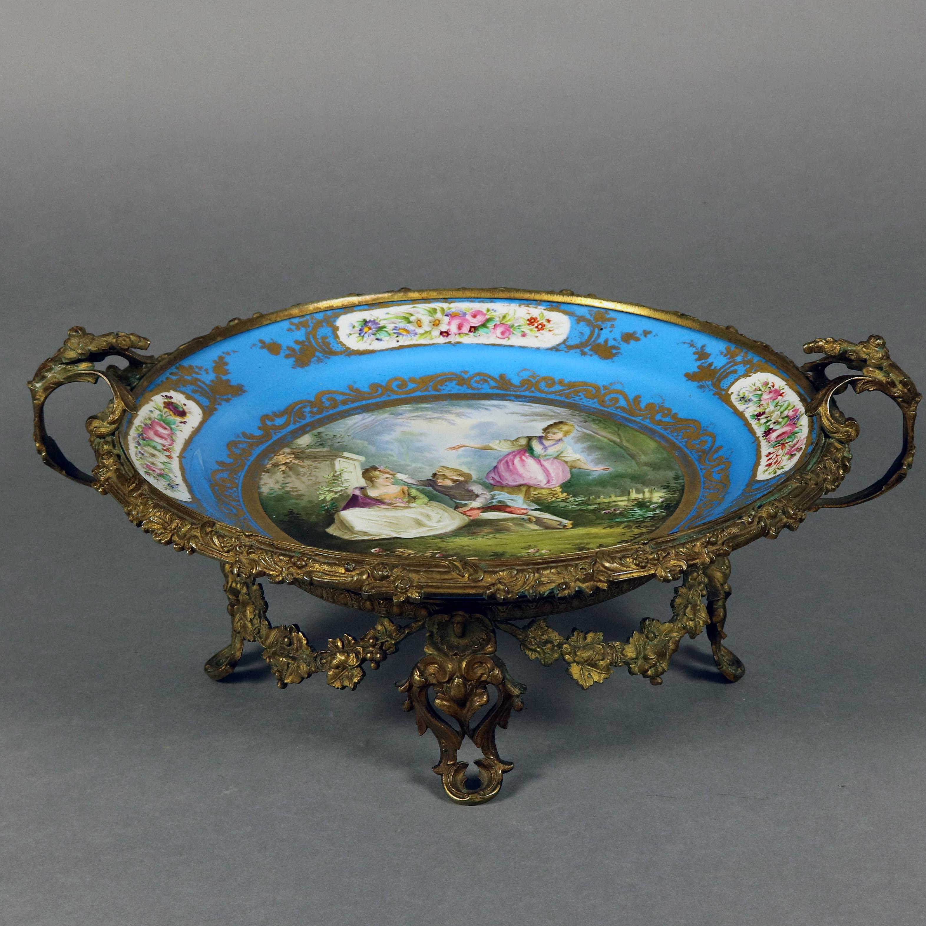 Antique Sevres Hand Painted and Gilt Pictorial Porcelain and Ormolu Charger 1