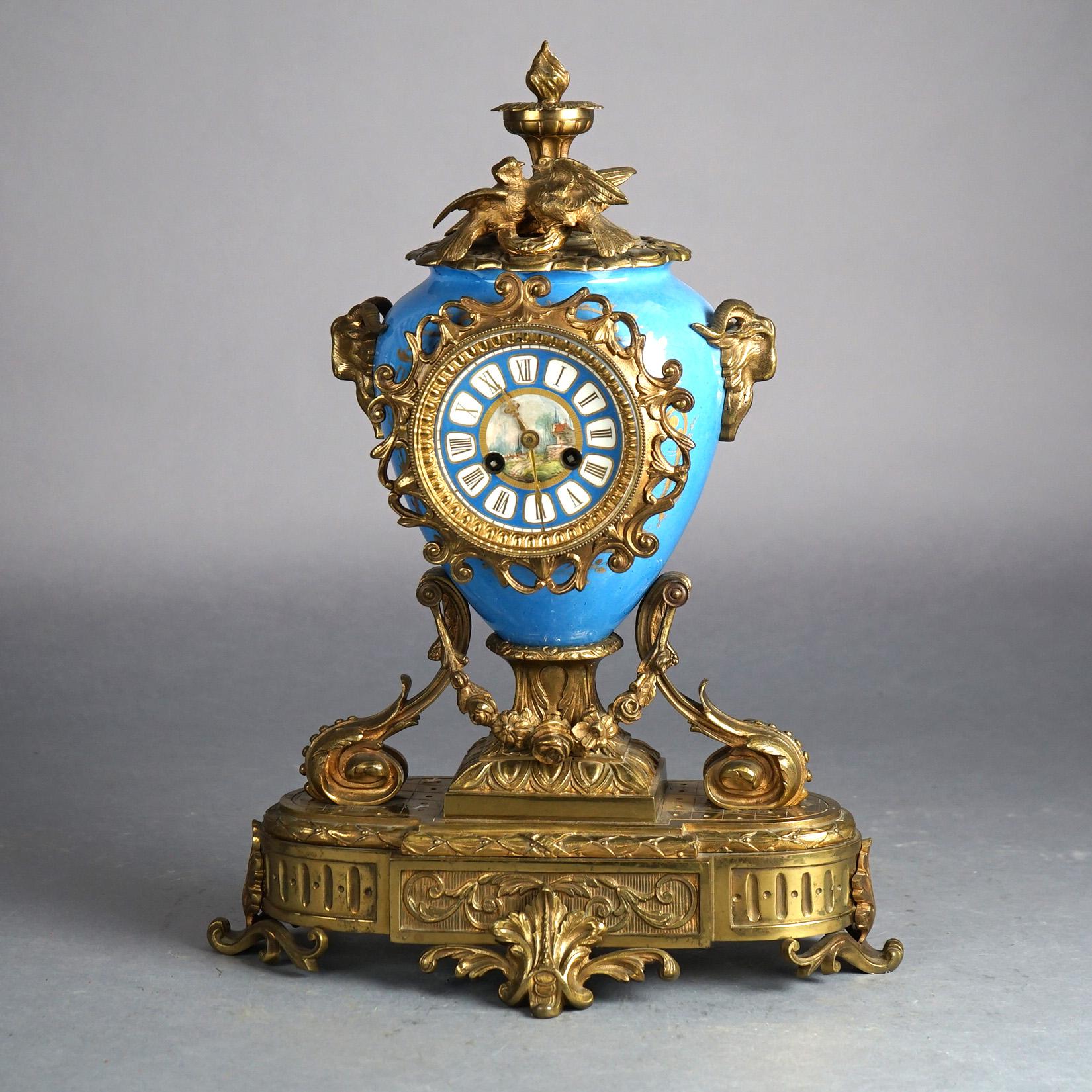 Antique Sevres Porcelain & Figural Cherub Cast Bronze Mounted Mantle Clock C1880 In Good Condition In Big Flats, NY
