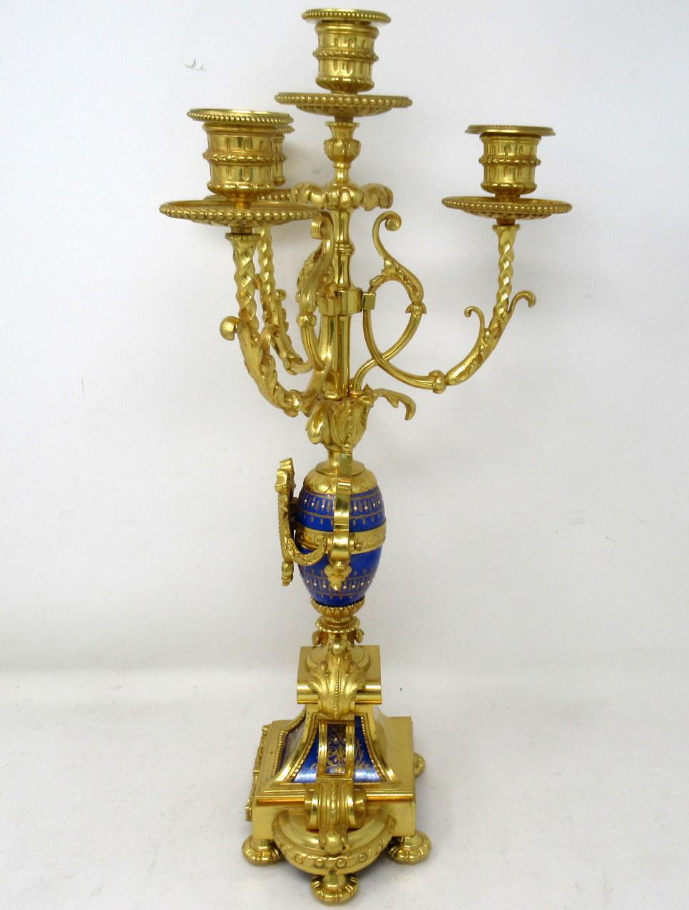 Late Victorian Antique Sèvres Porcelain Ormolu Gilt Bronze Cobalt Blue Candelabra Candlesticks