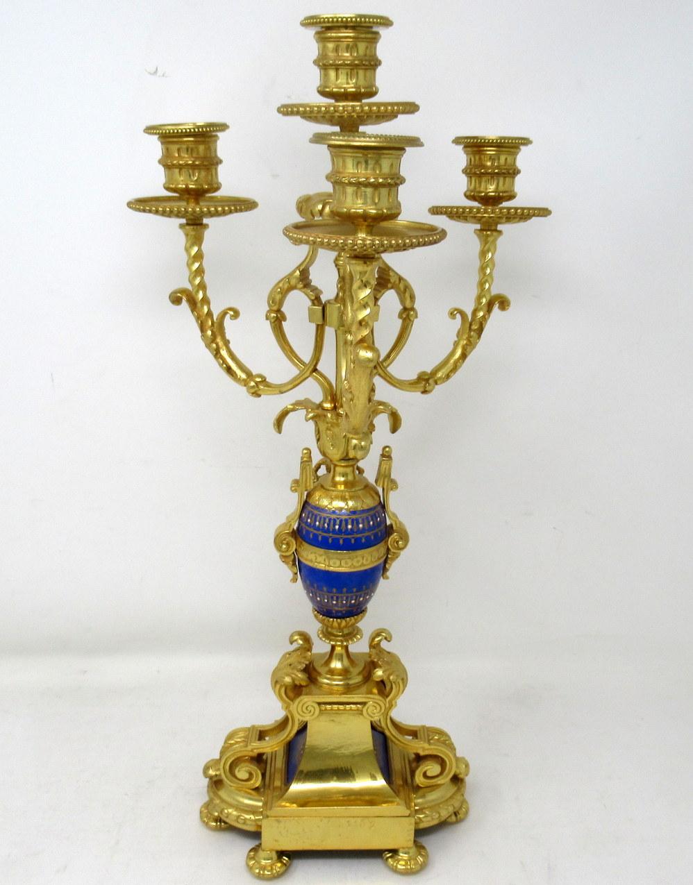 French Antique Sèvres Porcelain Ormolu Gilt Bronze Cobalt Blue Candelabra Candlesticks