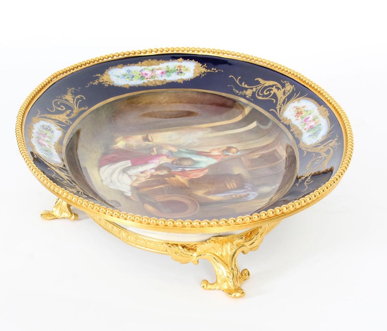 Antique Sevres Porcelain Ormolu Mounted Oval Dish, 19th Century For