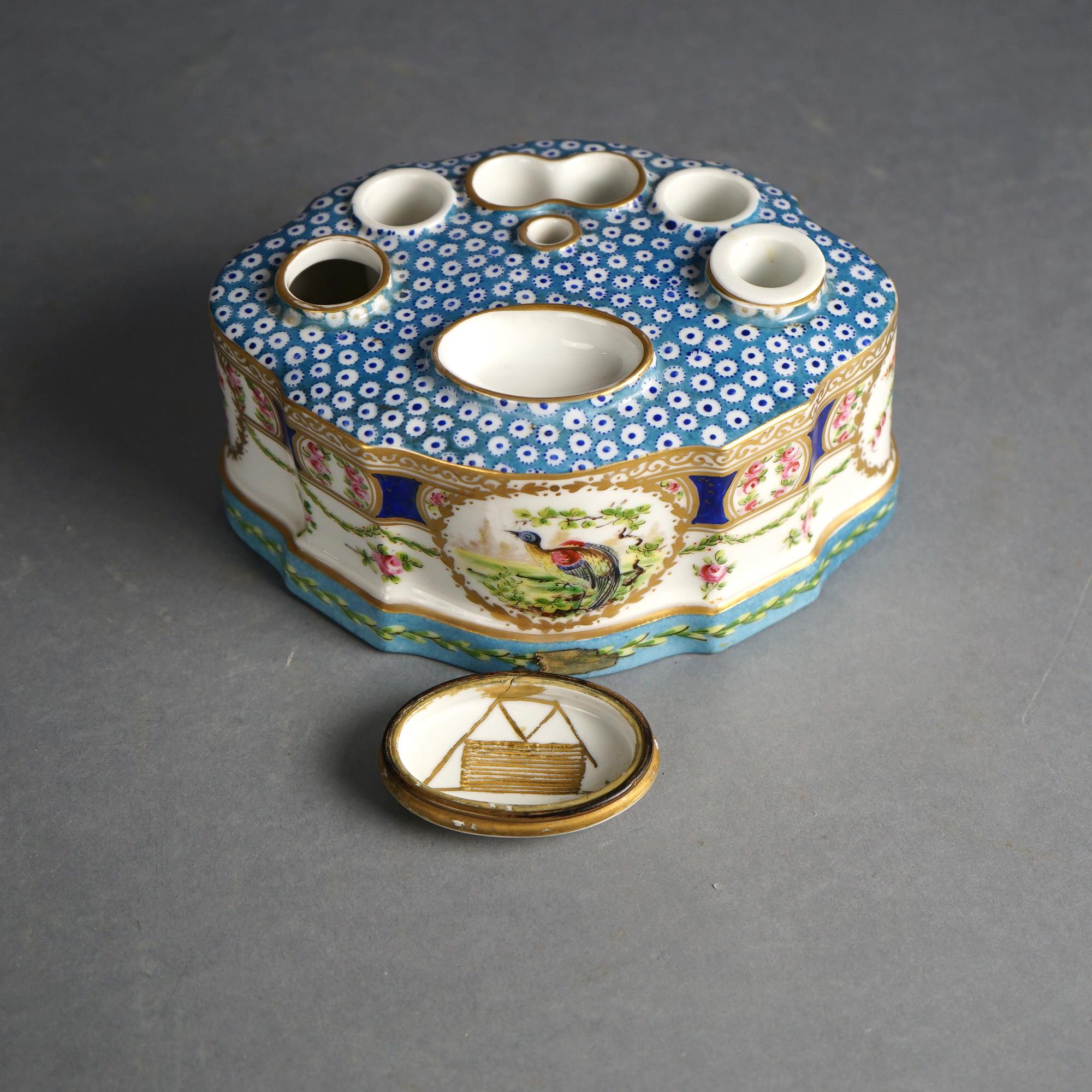 Antike Sevrés Porzellan Polychrome & vergoldet dekoriert Tintenfass mit Vogel C1890 im Angebot 5