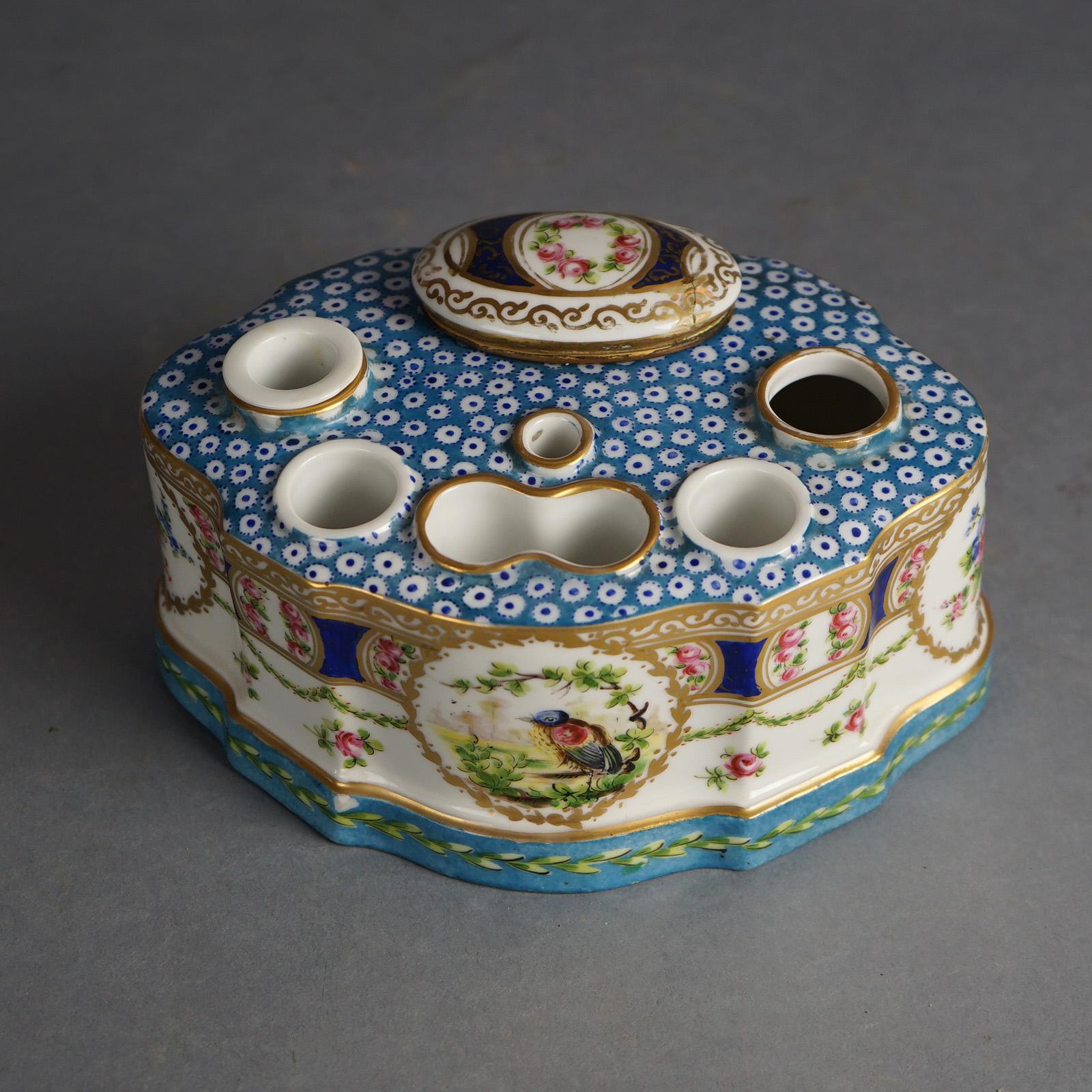 French Antique Sevrés Porcelain Polychrome & Gilt Decorated Inkwell with Bird C1890 For Sale