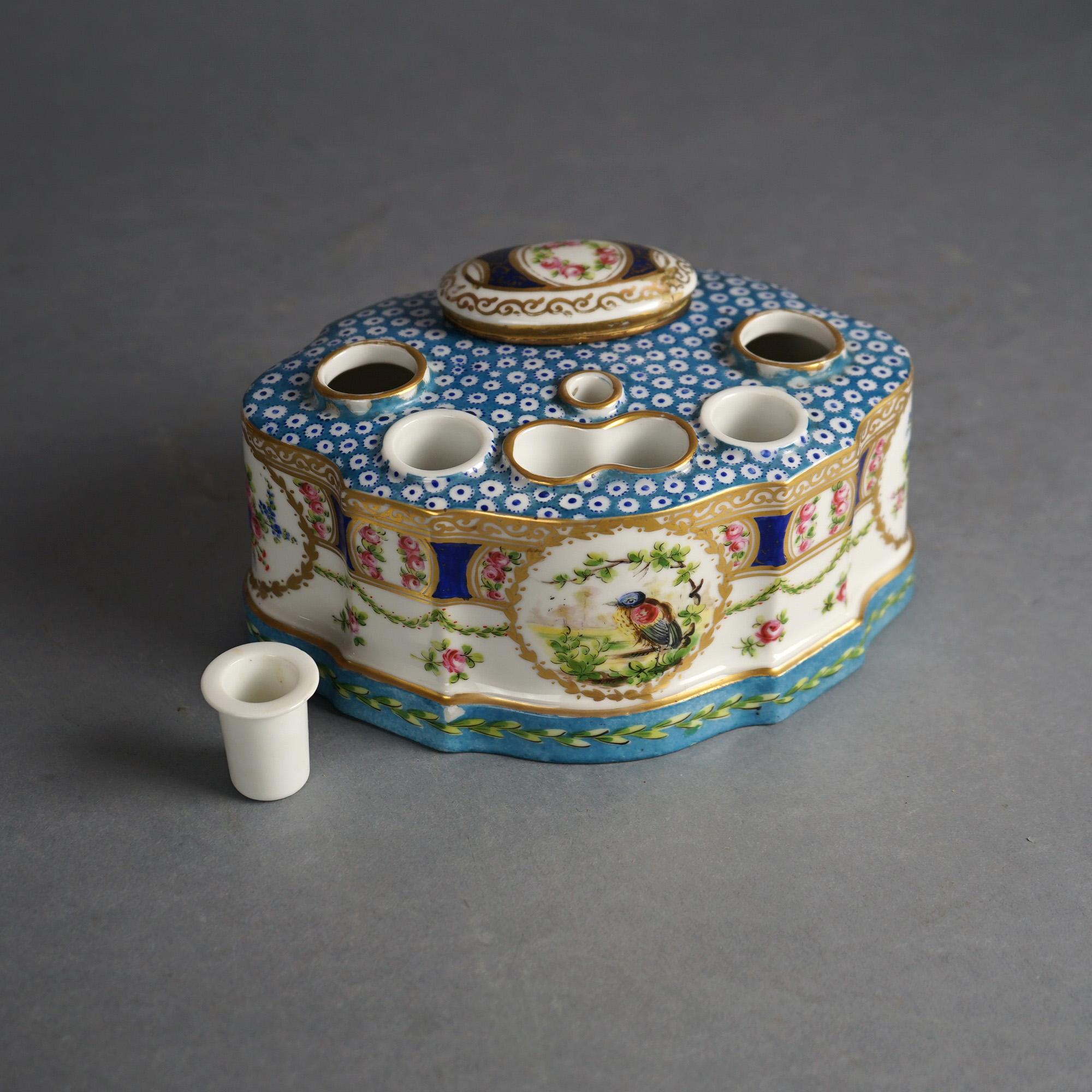Antique Sevrés Porcelain Polychrome & Gilt Decorated Inkwell with Bird C1890 In Good Condition For Sale In Big Flats, NY
