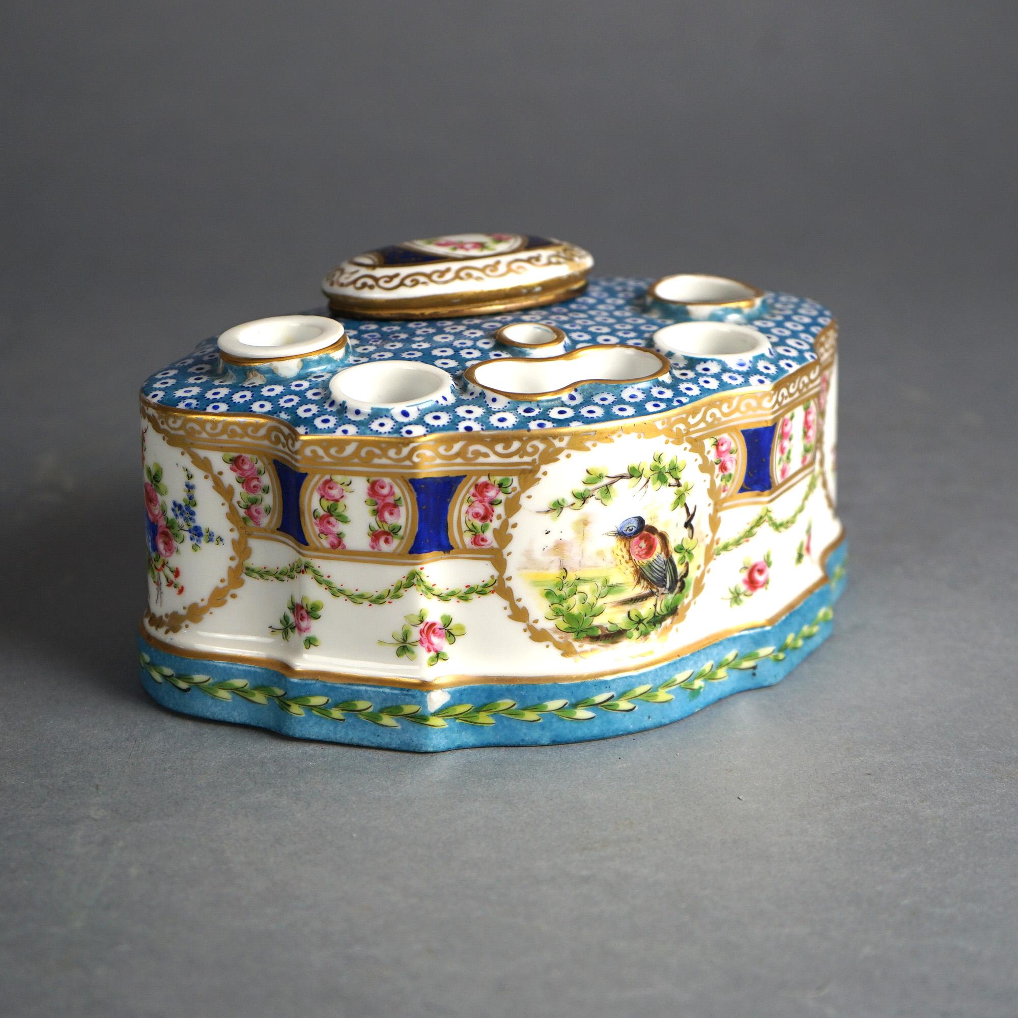 Antike Sevrés Porzellan Polychrome & vergoldet dekoriert Tintenfass mit Vogel C1890 im Angebot 1
