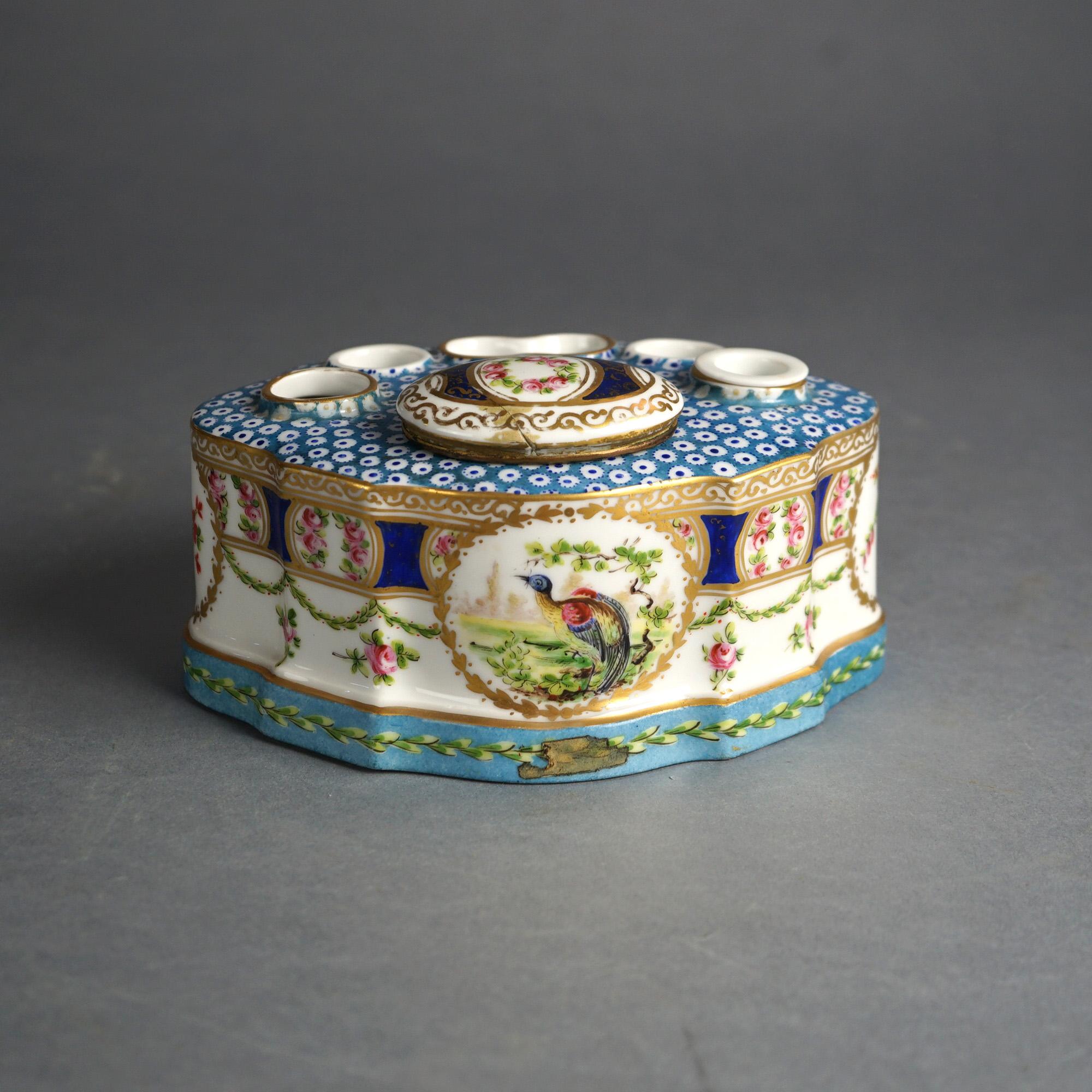 Antike Sevrés Porzellan Polychrome & vergoldet dekoriert Tintenfass mit Vogel C1890 im Angebot 2