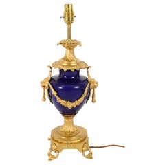 Antique Sevres Porcelain Royal Blue Ormolu Table Lamp 19th Century