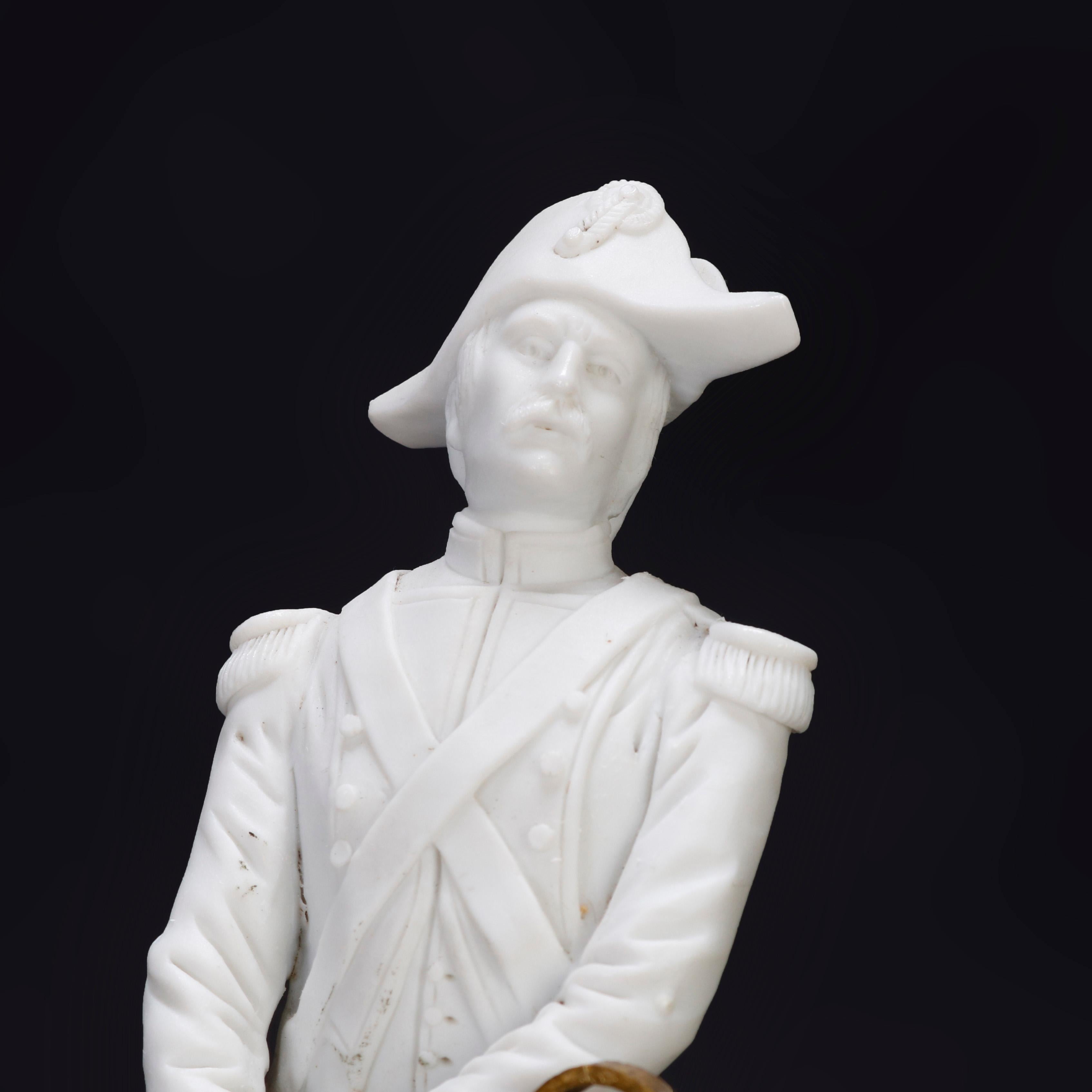 An antique French Sèvres School bisque porcelain figure depicts full length portrait of Emperor of France, Napoleon Bonaparte, in full military dress with bronze sword, circa 1820.

Measures: 7.5