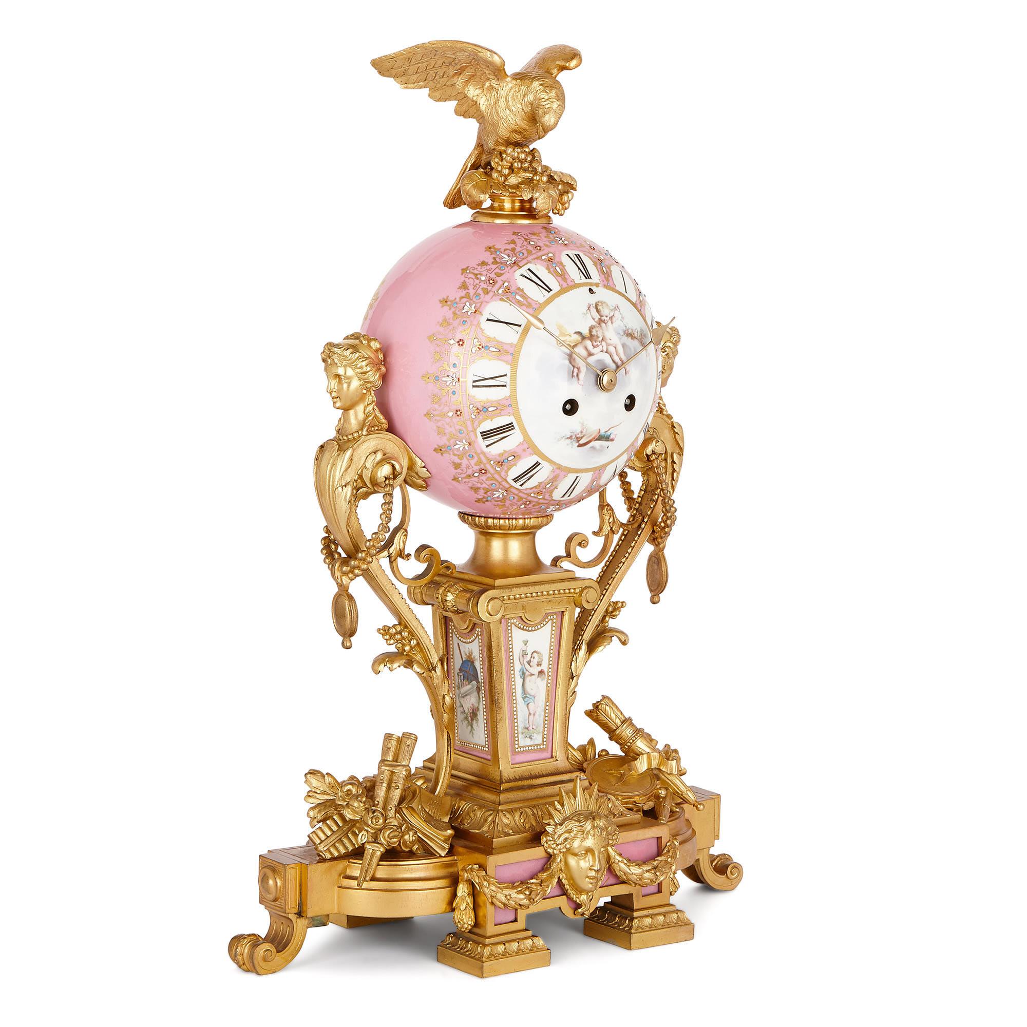 This wonderful, Sèvres style mantel clock was crafted in the late 19th century by the famous Parisian clock-making firm, Le Roy et fils. The company was founded in 1785 by Basile Charles Le Roy, who later passed it on to his son, Charles-Louis Le