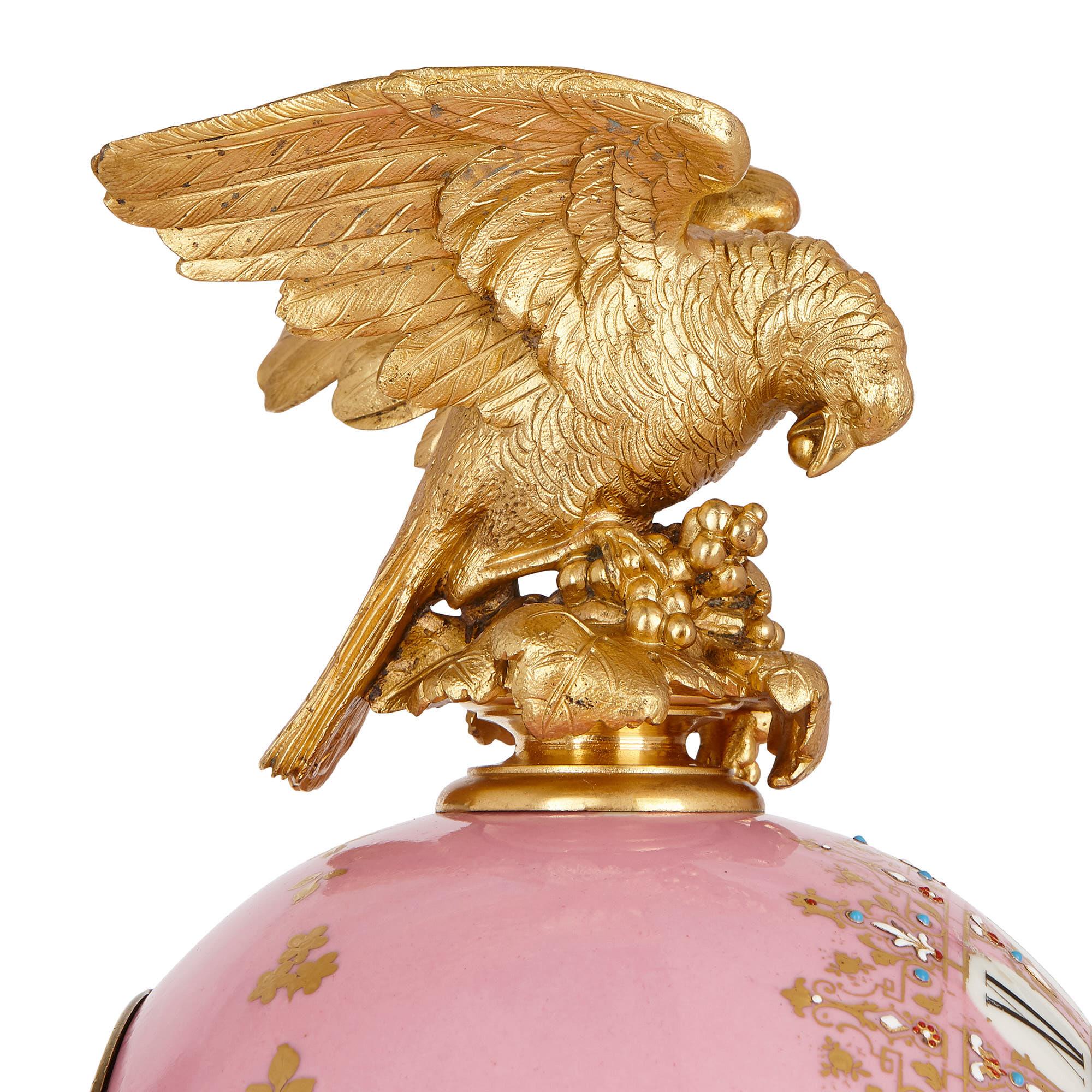Rococo Antique Sèvres Style Gilt Bronze Mounted Pink Porcelain Clock by Le Roy Et Fils 
