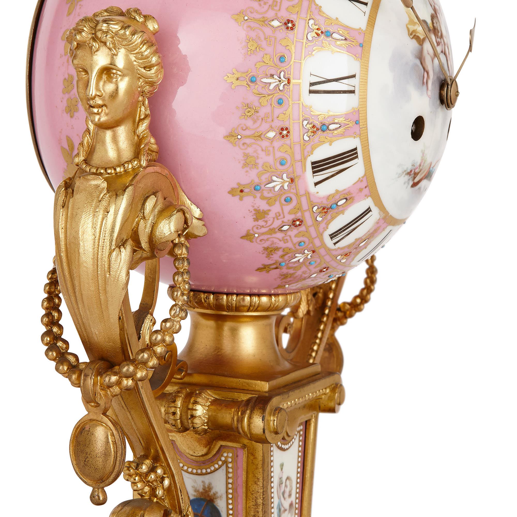 French Antique Sèvres Style Gilt Bronze Mounted Pink Porcelain Clock by Le Roy Et Fils 