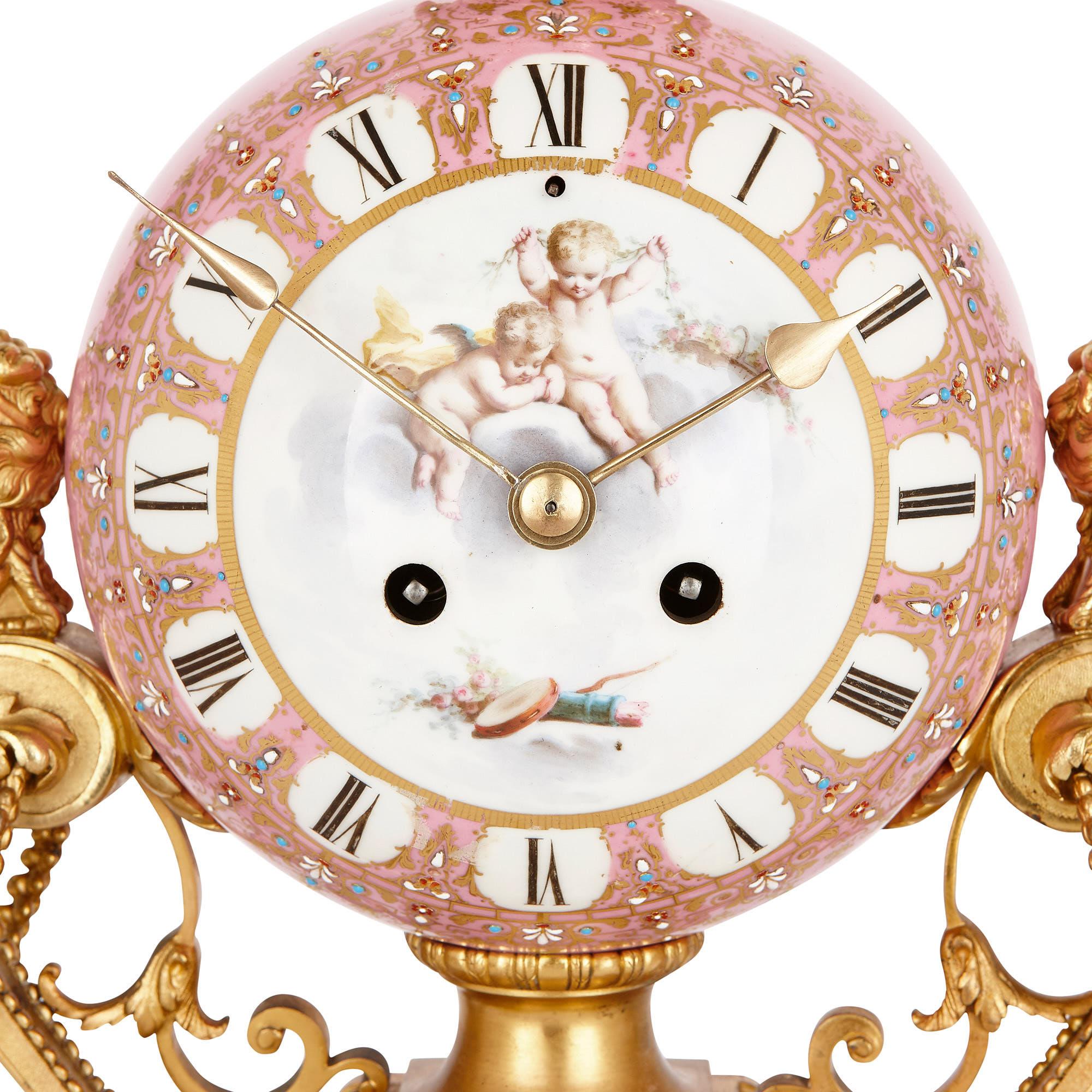 Antique Sèvres Style Gilt Bronze Mounted Pink Porcelain Clock by Le Roy Et Fils  In Good Condition In London, GB