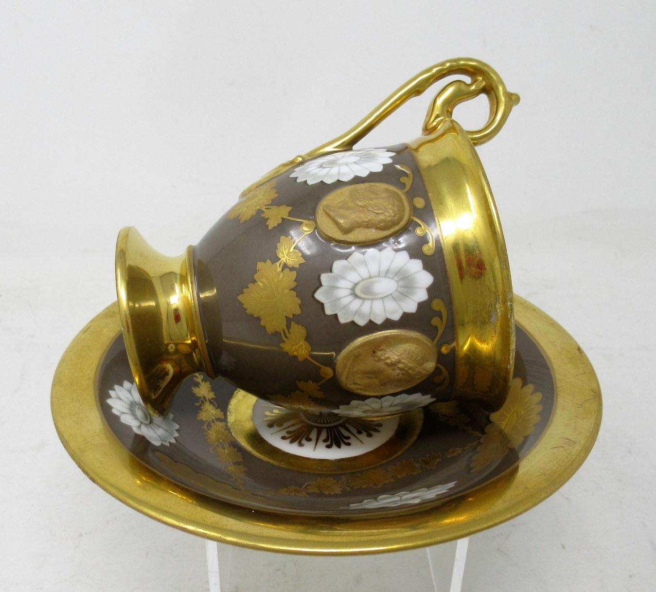 Regency Antique Sevres Style Paris Porcelain Gilt Tea Cup Saucer Alexander Great Dante For Sale