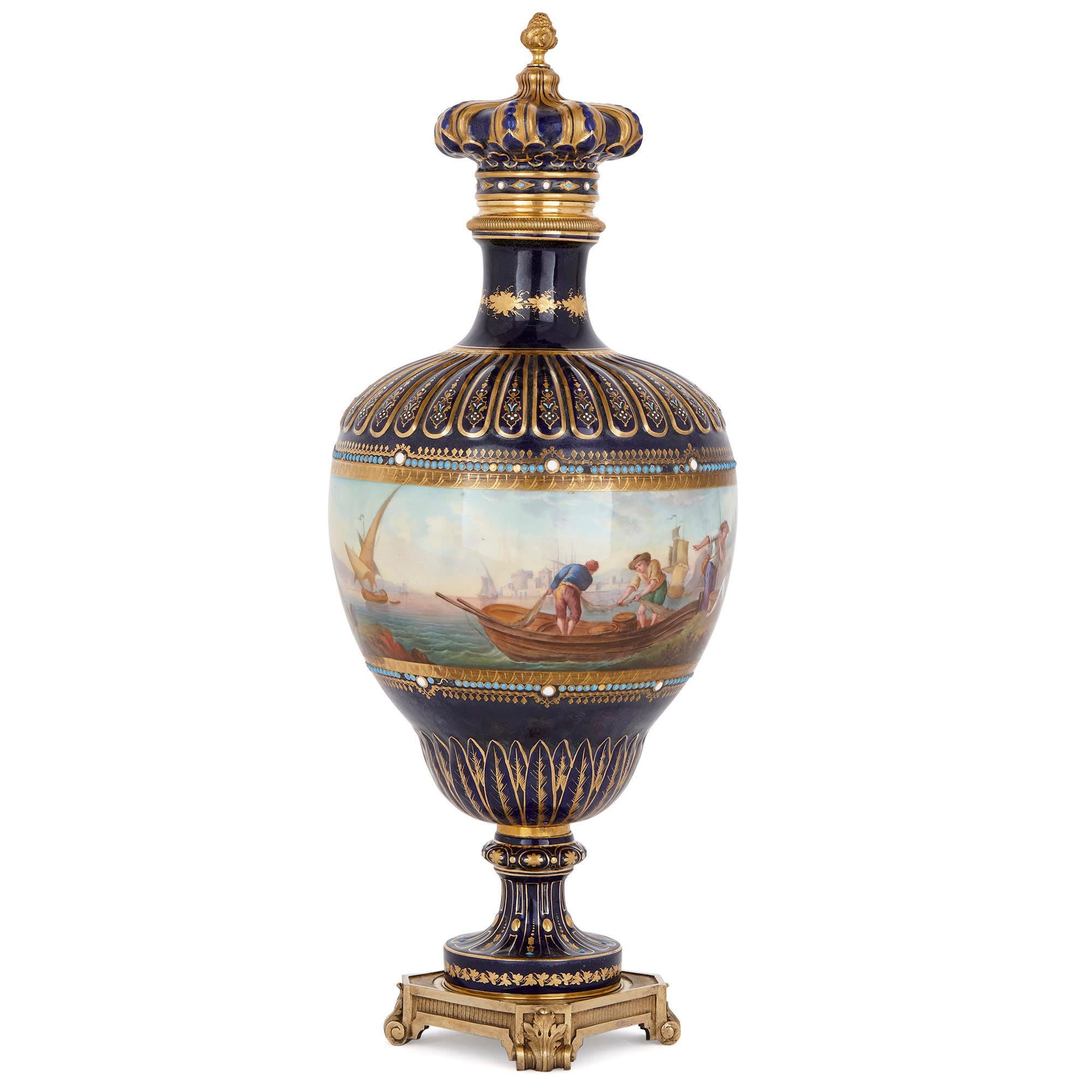 This beautiful vase was created in France, in the period when Napoleon III was Emperor (1852-1870). It is designed in the style of Sèvres Manufactory porcelain. Sèvres goods are often beautifully hand painted with pastoral and mythological scenes,