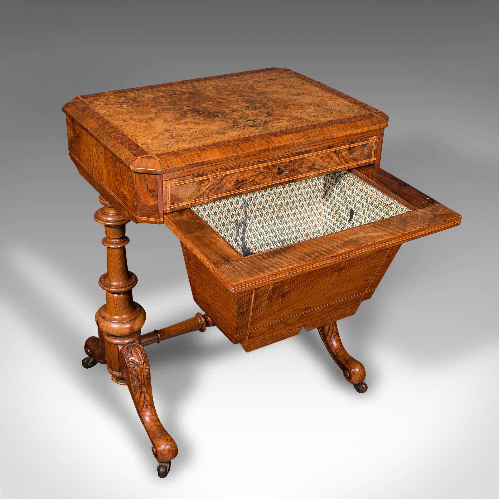 Primo vittoriano Antico tavolo da cucito, inglese, in radica di noce, scatola da lavoro per signore, vittoriano, C.C. 1840 in vendita