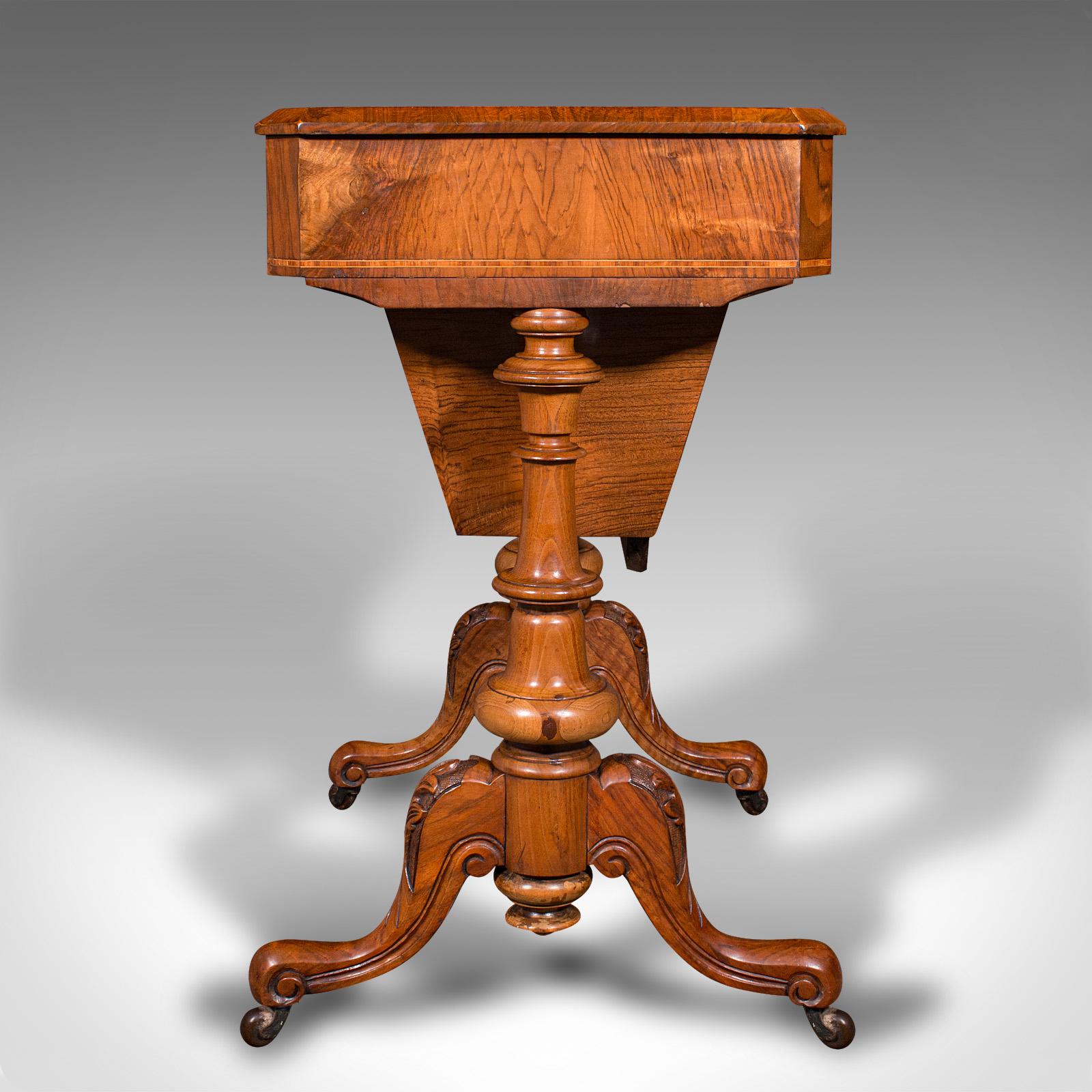 XIX secolo Antico tavolo da cucito, inglese, in radica di noce, scatola da lavoro per signore, vittoriano, C.C. 1840 in vendita