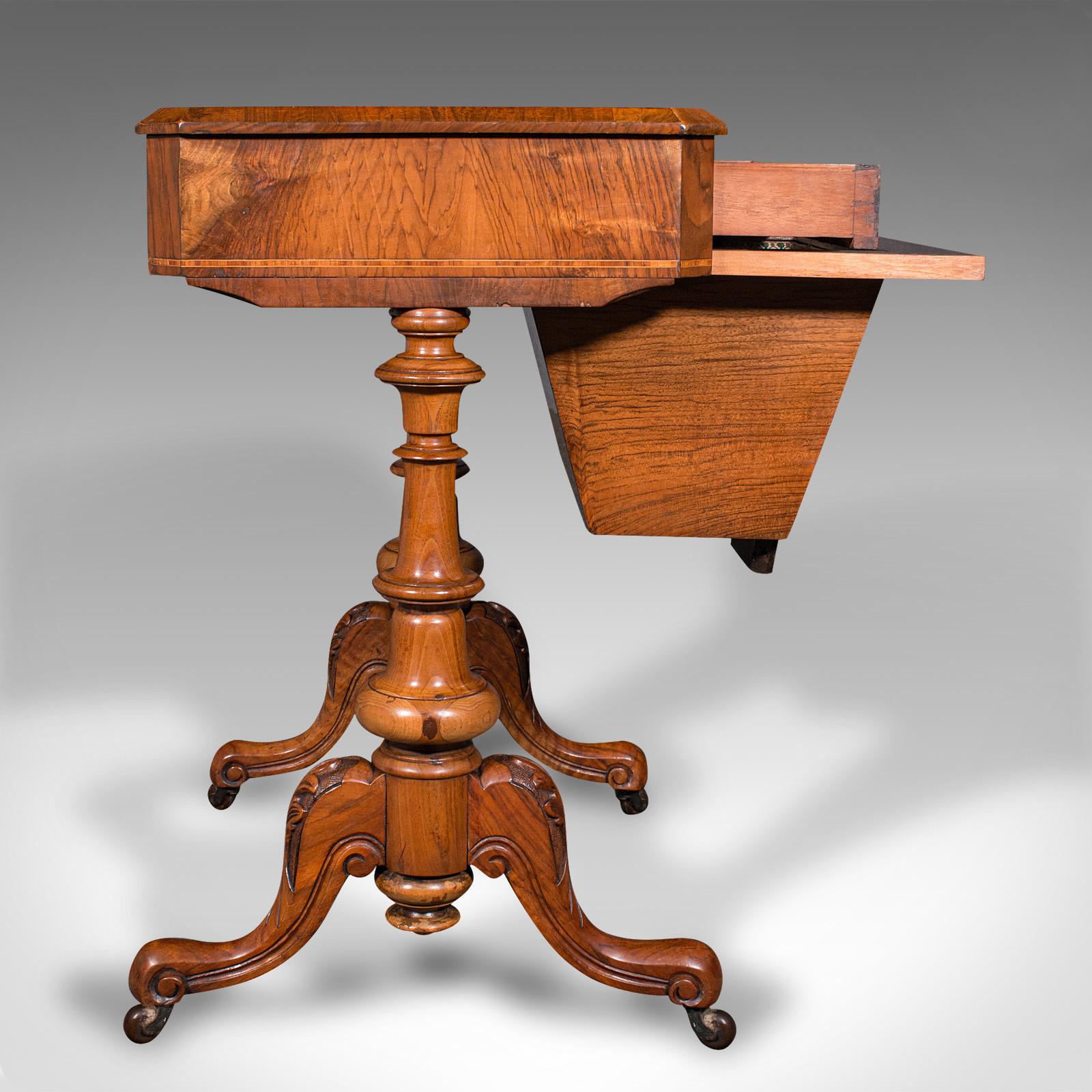 Acero Antico tavolo da cucito, inglese, in radica di noce, scatola da lavoro per signore, vittoriano, C.C. 1840 in vendita