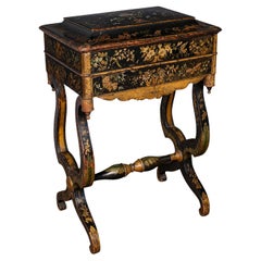 Antique Sewing Table, English, Lacquered, Handpainted, Japanned, Victorian, 1880