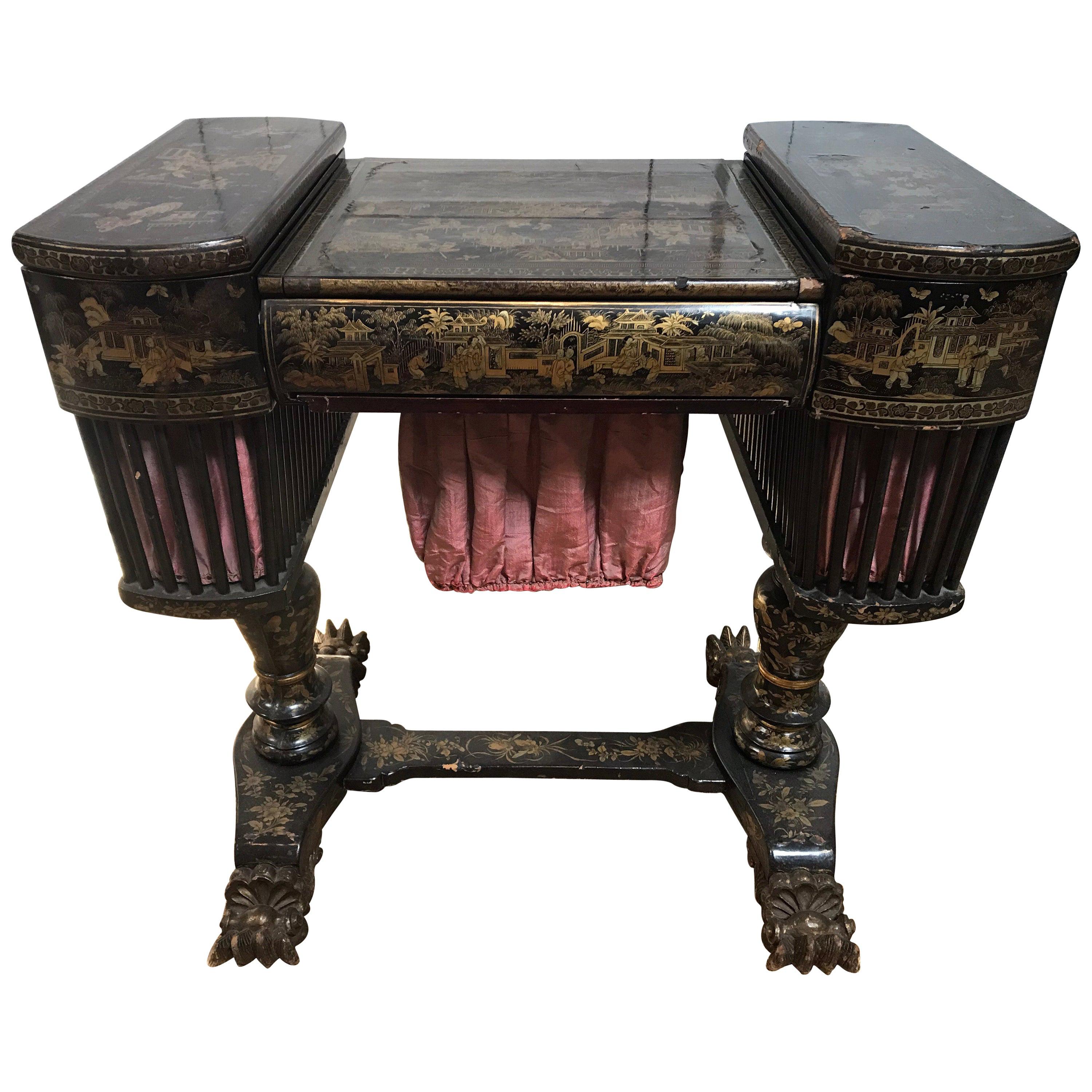 Antique Sewing Table with Chinoiserie Lacquer 'English, Early 19th Century' For Sale
