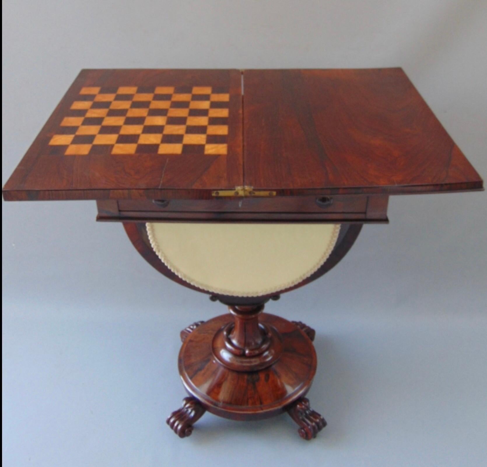 Superb William IV rosewood antique sewing work table with games, chess, lamp table
c1835
Measures: 20.5ins x 13.5ins x 30ins.