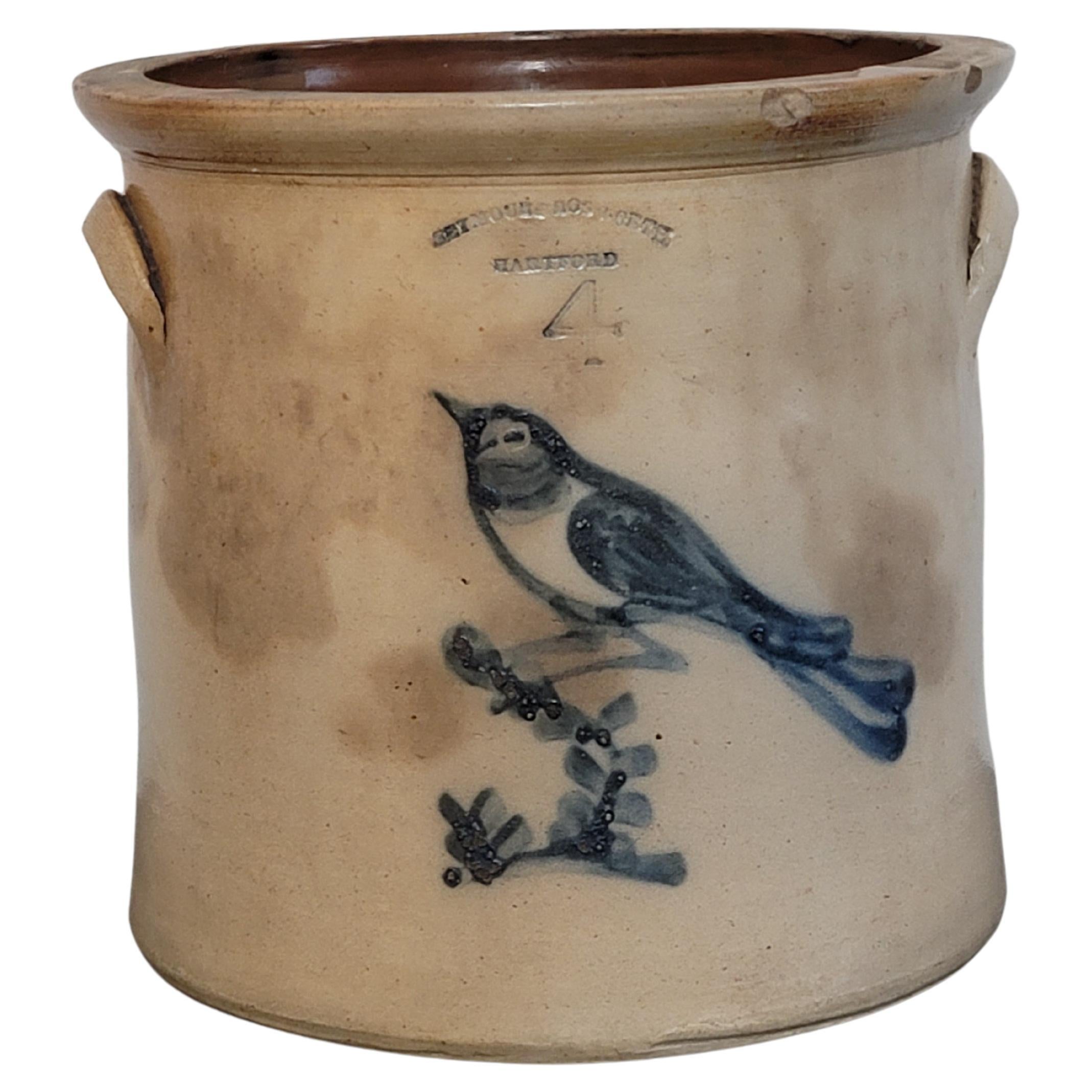 Antique Seymour Bosworth American 4 Gallon Stoneware Crock with Cobalt Blue Bird
