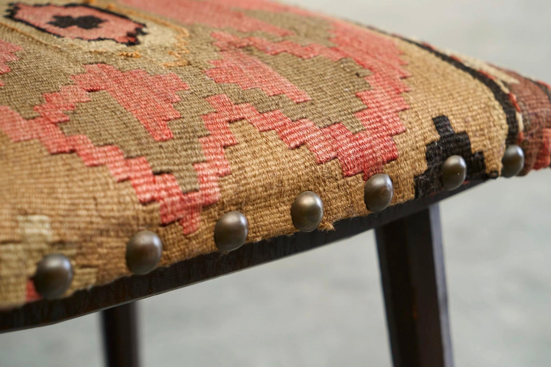 Antique Sgabello Style Chair in Carved Wood and Kelim Upholstery For Sale 6