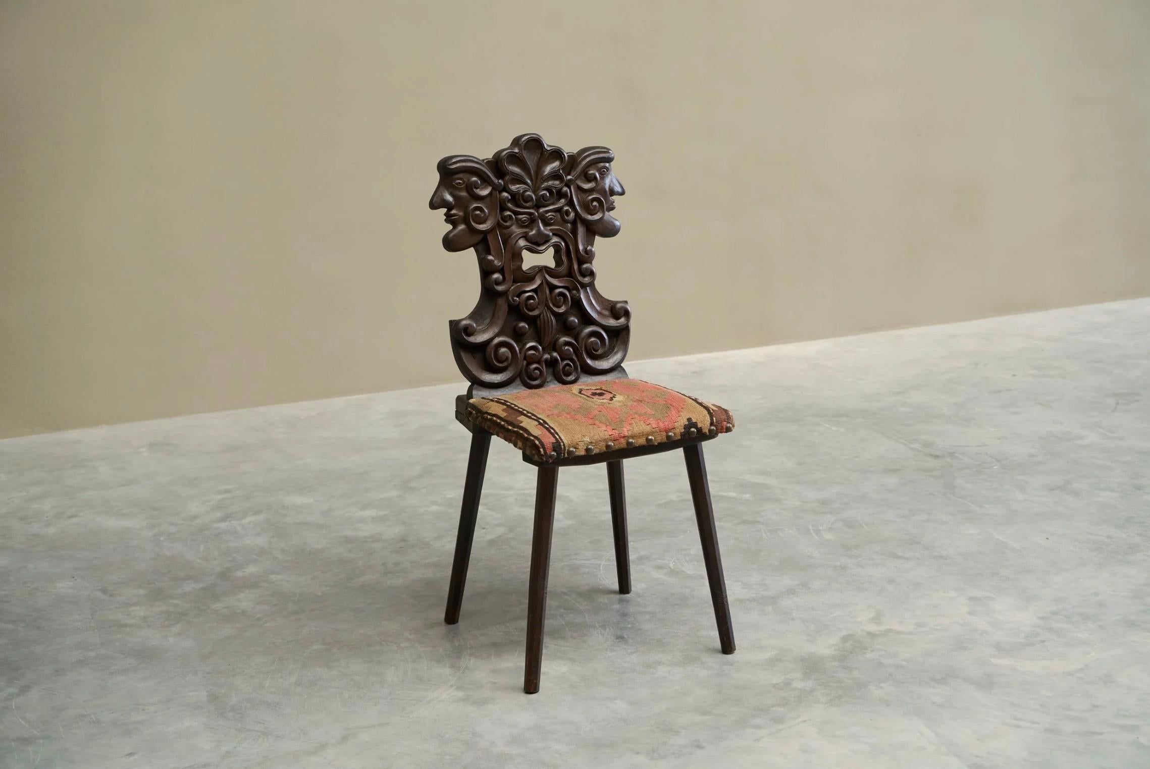Antique Sgabello Style Chair in Carved Wood and Kelim Upholstery For Sale 8
